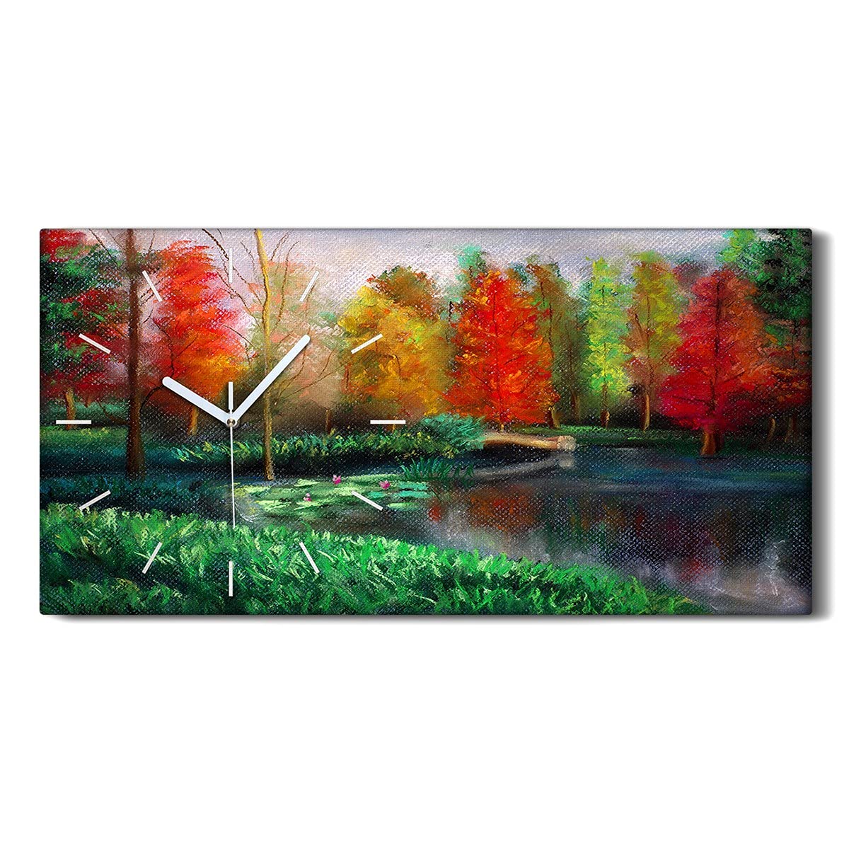 Horloge sur toile moderne 60x30cm arbre forêt et lac pour mur zen