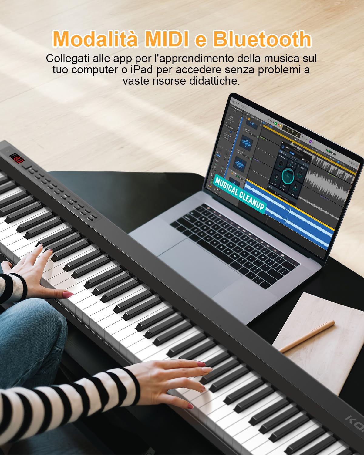 E Piano Digital Piano 88 tasti, tastiera elettronica semi-ponderata a grandezza naturale con supporto per pianoforte, funzione MIDI Bluetooth, tastiera portatile con pedale Sustain, ideale per