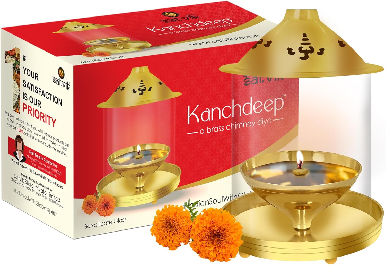 Satvik 8 Inch Kanchdeep Akhand Diya with Chimney Glass Diwali Pooja Decoration Decorative Brass Oil Lamp Whole Night Dia for Deepawali.Outdoor Mandir Housewarming Return Gift