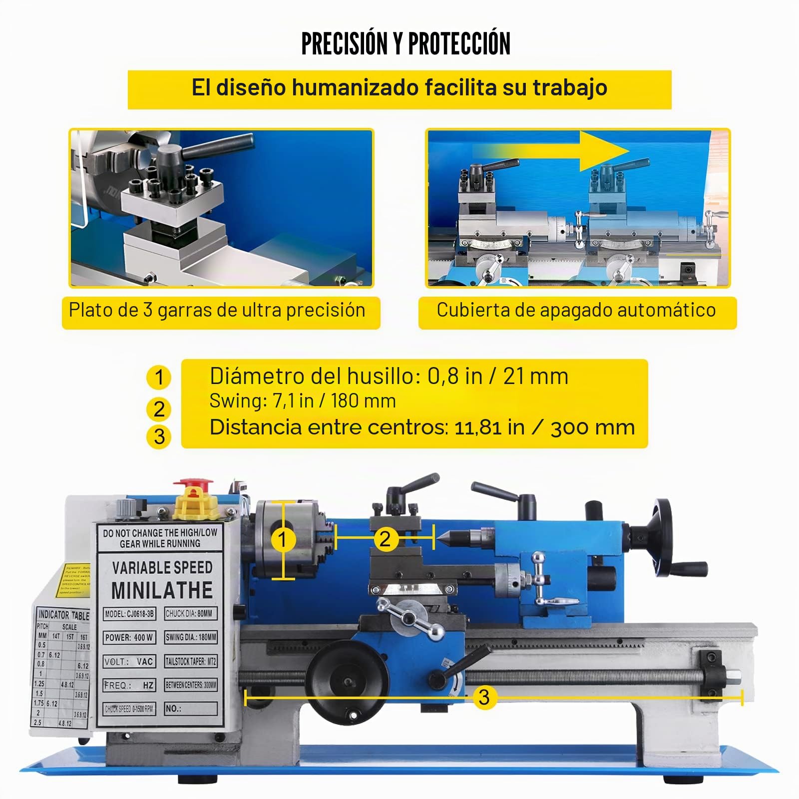 BestEquip Mini Torno de Metal 180mm x 350mm, Velocidad Variable 50-2250 RPM 550W Engranaje de Nylon, Mini Torno de Banco 0,75HP, Fresadora de Velocidad de Husillo Variable
