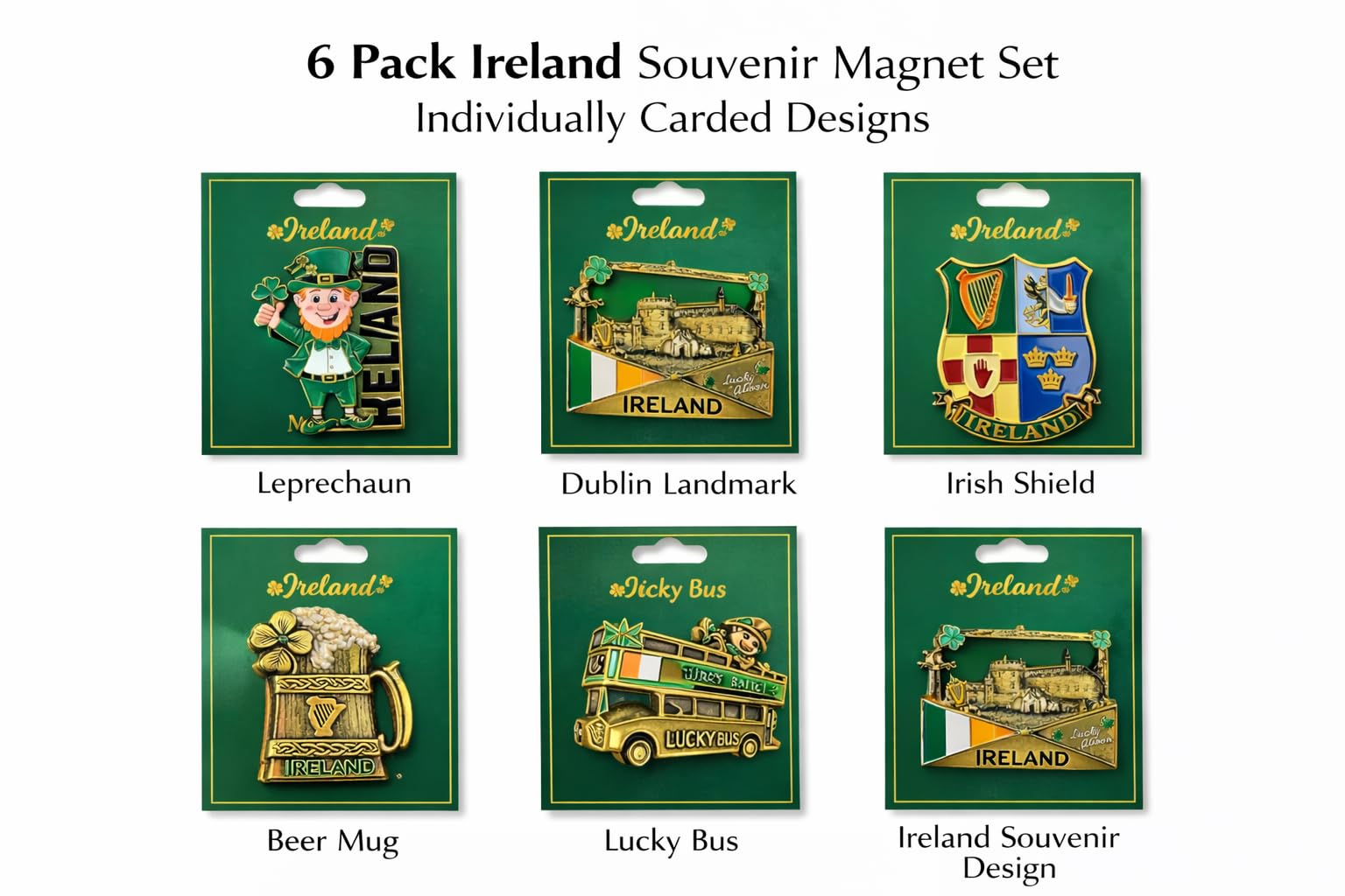 Set di 6 calamite da frigorifero in metallo smaltato, design irlandese, leprechaun Dublino Shield, boccale da birra, autobus fortunato, souvenir (magnete6)