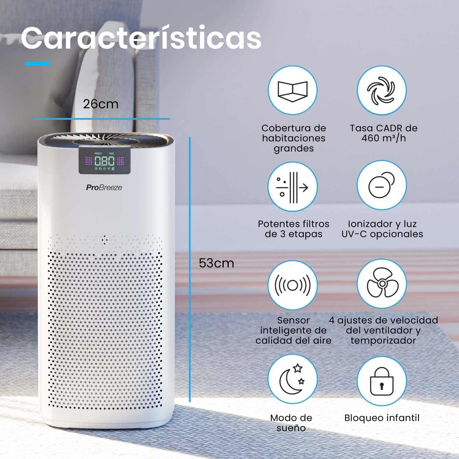Pro Breeze Purificador de Aire Ultrapotente con Filtro HEPA 13. Con Ionizador y Luz Ultravioleta UV que captura Partículas, Alérgenos y Elimina olores. Para Casa y Habitaciones CADR 460 m³