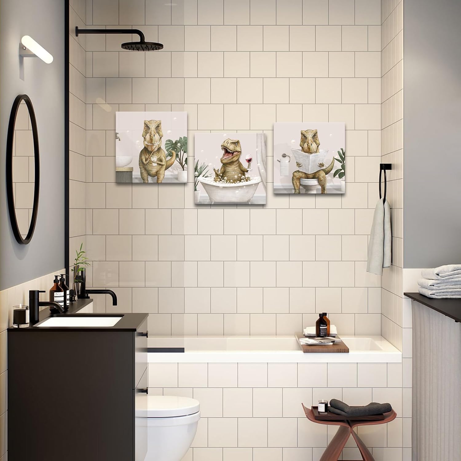 YeiLnm Dinosaur Kids Bathroom Decor 3 Piece T-Rex Poster Dino Bath Tub Wall Art