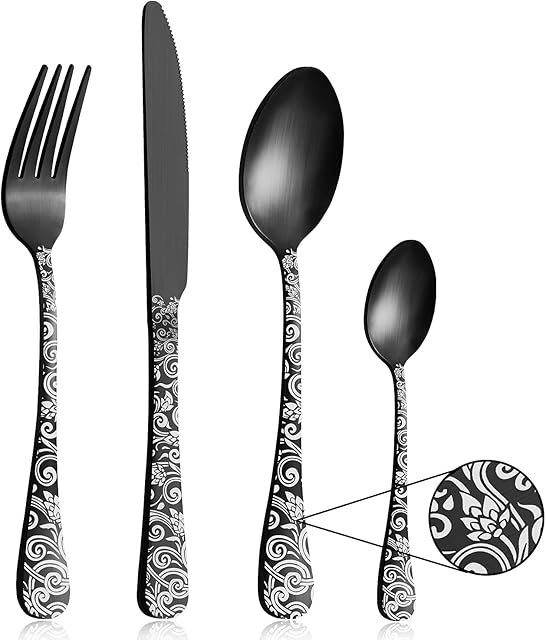 Matte Black Cutlery Set, Pleafind 16 Piece Flatware Set, Service for 4, Stainless Steel Silverware Set Include Knife Fork Spoon, Unique Pattern Design, Dishwasher Safe