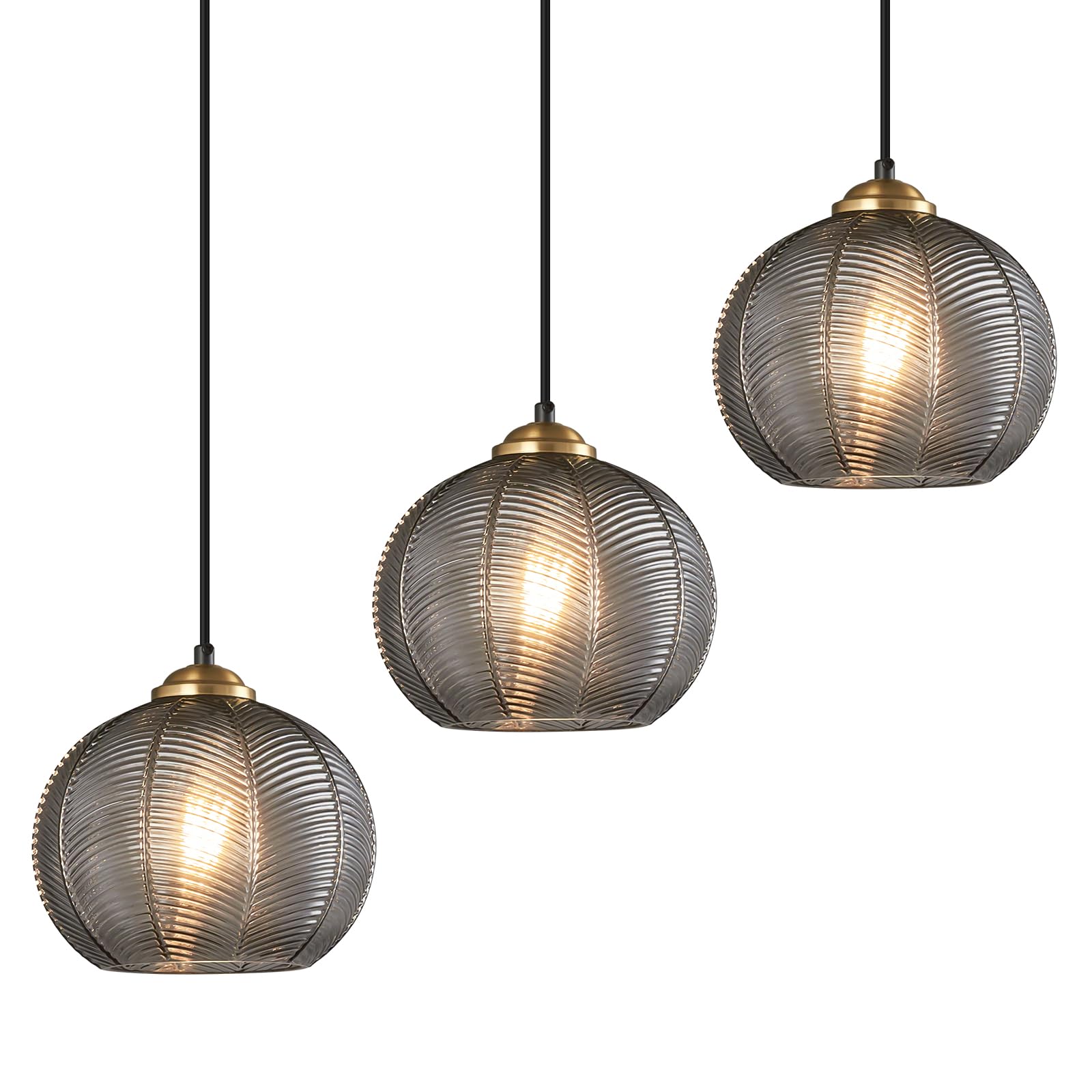 Smoke Gray Glass Pendant Lights Kitchen Island 3 Pack 7.48 in Hand Blown Glass Globe Pendant Light Fixtures Modern Pendant Lighting for Kitchen Island Bedroom Dining Room