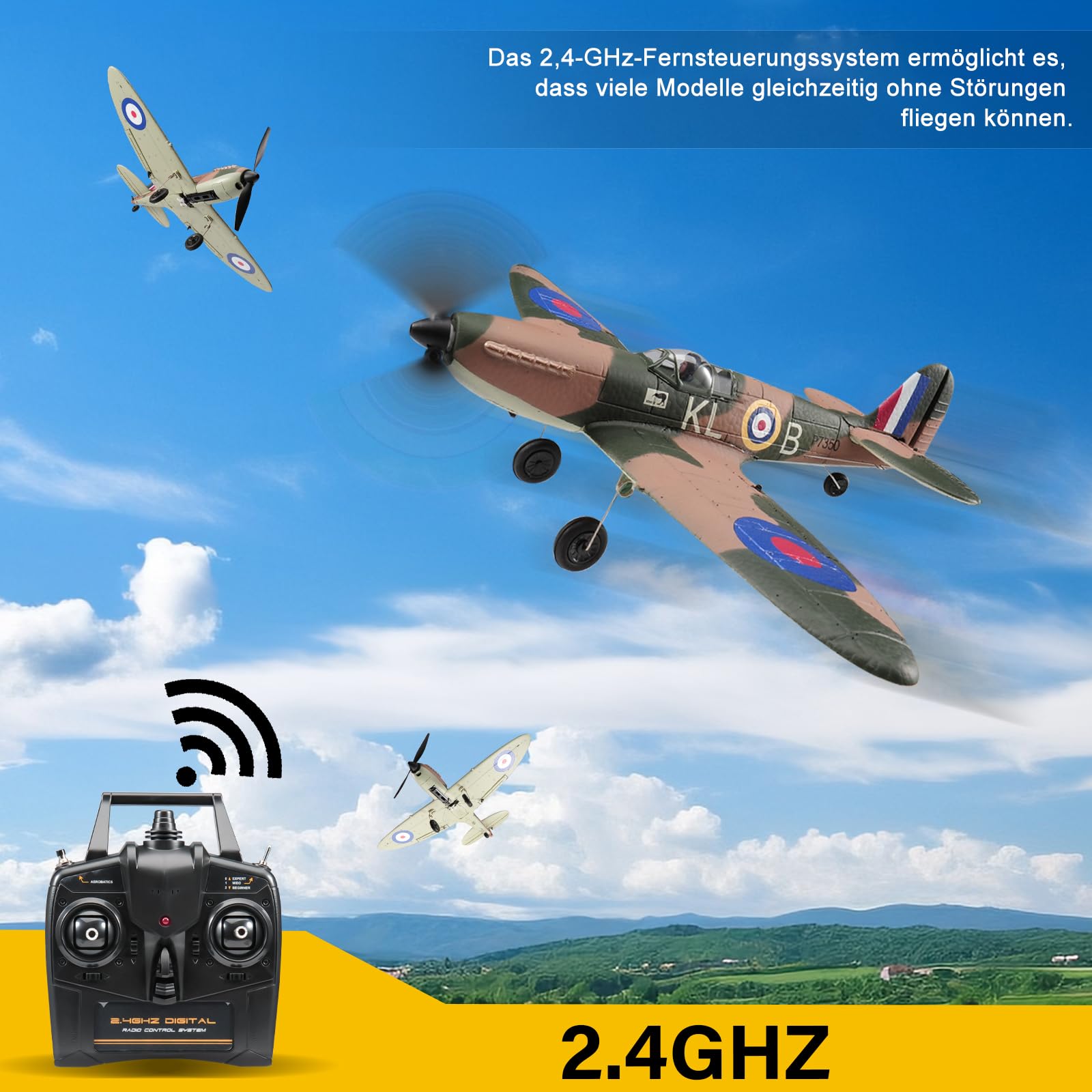 Fremego RC Flugzeug,Spitfire 2.4G 4 CH Ferngesteuertes Flugzeug RTF Kunstflug Warbird Flugzeuge Spielzeug für Kinder Anfänger Erwachsene mit 6-Achsen Gyro Stabilisierungs System 761-12