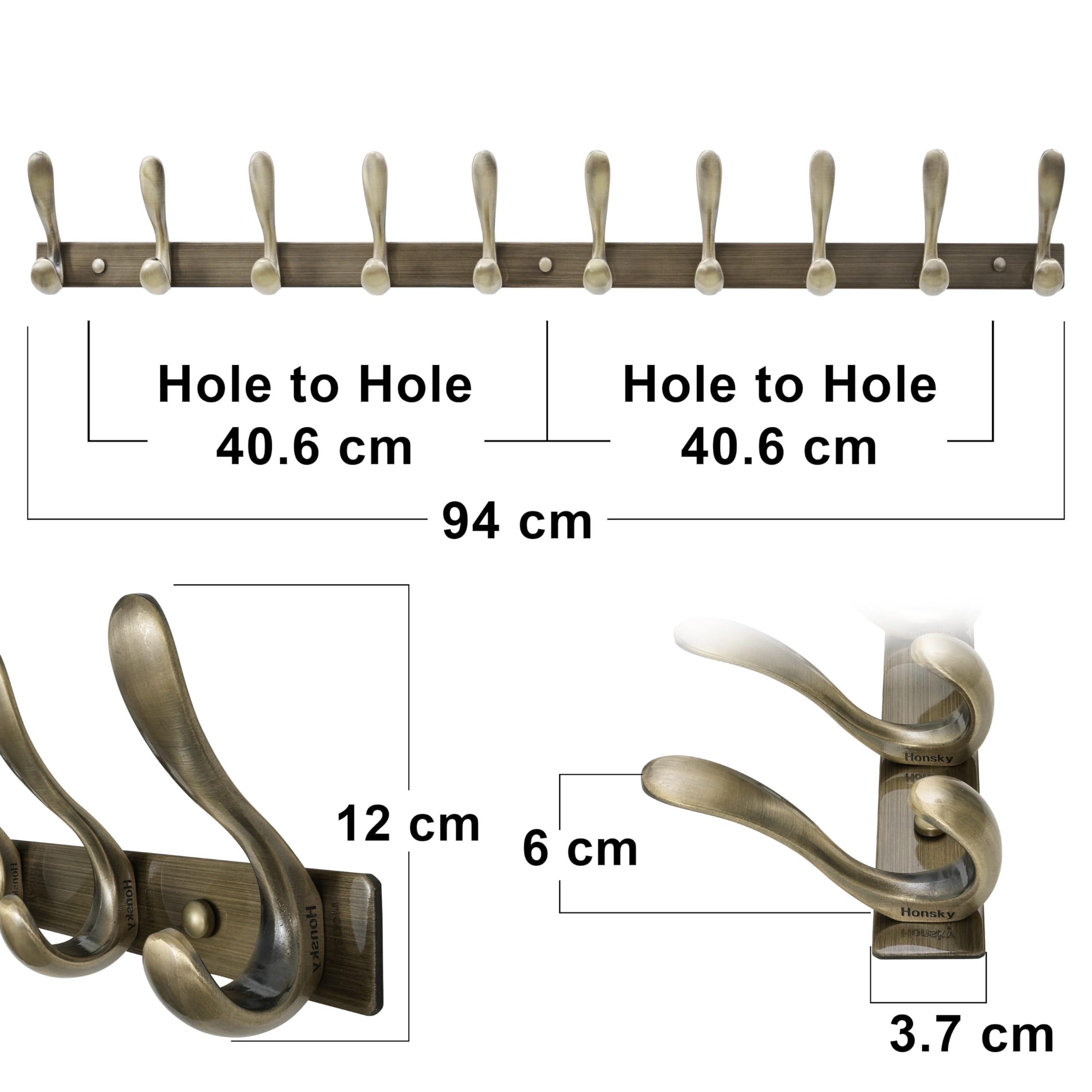 HONSKY Wall Mounted Coat Rack 94cm, Heavy Duty Metal 10 Double Hooks, Sturdy Hook - Image 3