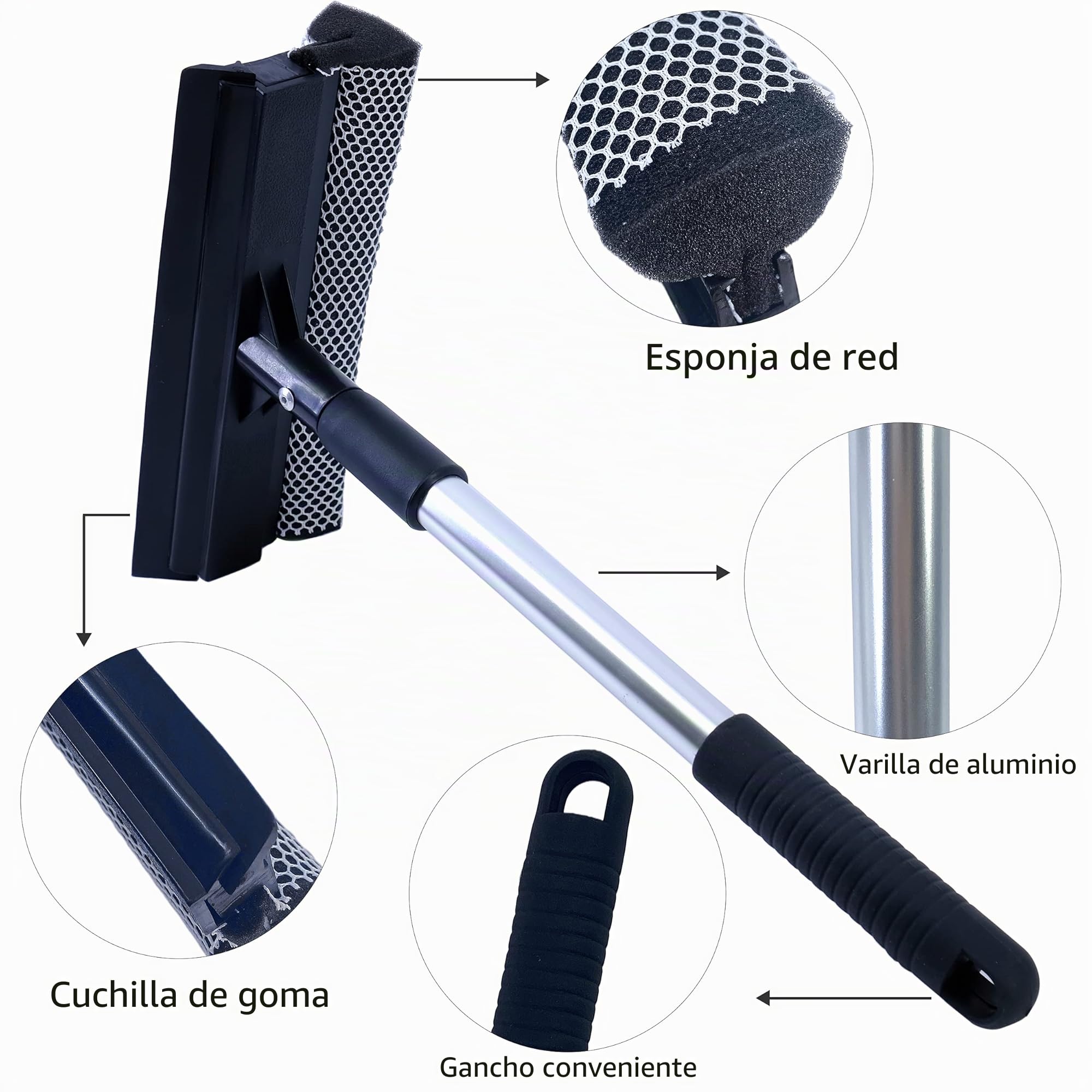 Polyte - Espátula limpiacristales para ventanillas y Ventanas - Mango telescópico de Aluminio de 36 a 50 cm - Negro