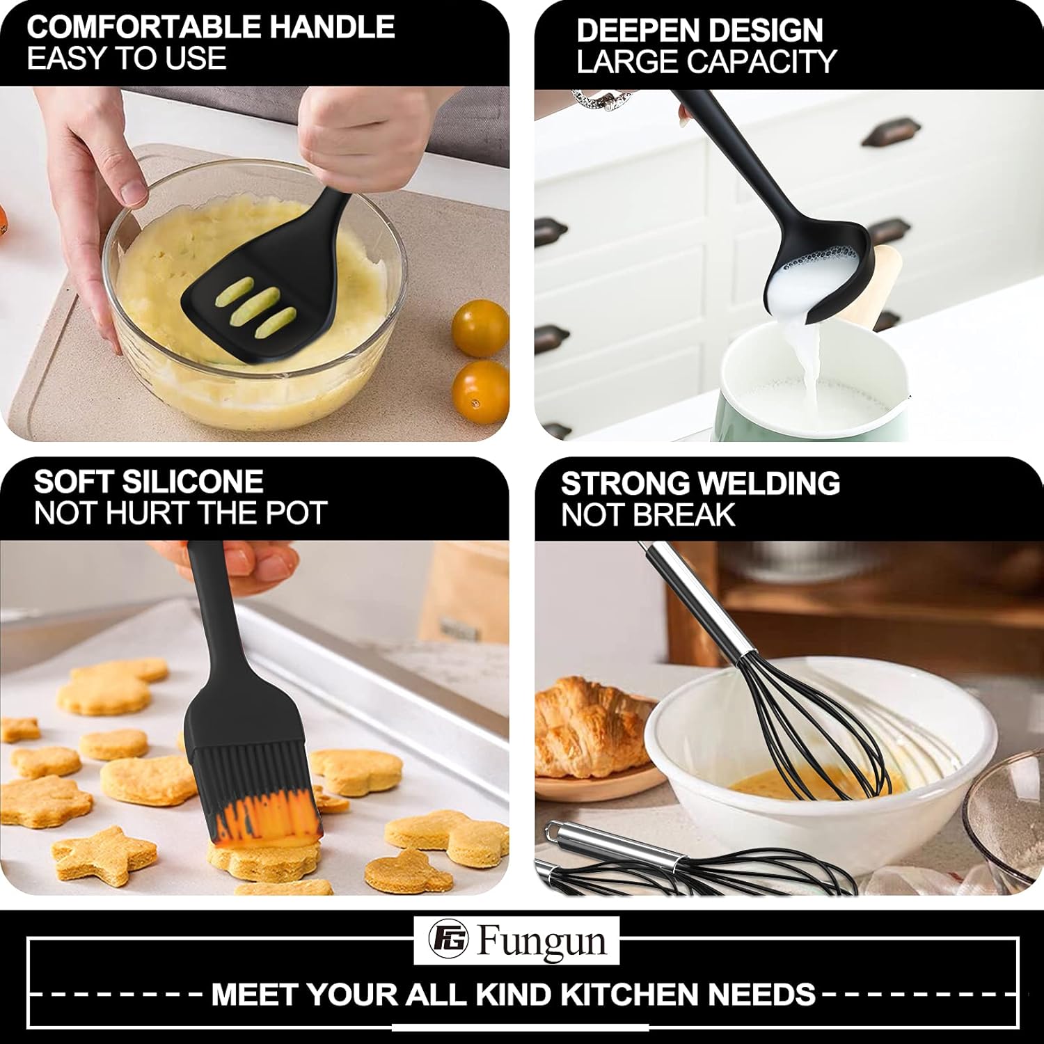 Silicone Cooking Utensils Kitchen Utensil Set-Fungun 26 Pcs 446°F Heat Resistant Tongs Spatula Spoon Kitchen Utensils Set with Holder, BPA Free Kitchen Gadgets Tool Set for Nonstick Cookware(Black) : Home & Kitchen