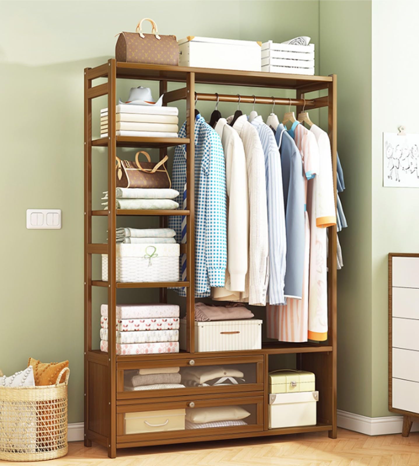 Portant à vêtements en bambou meuble de chambre avec 2 tiroirs et tringle