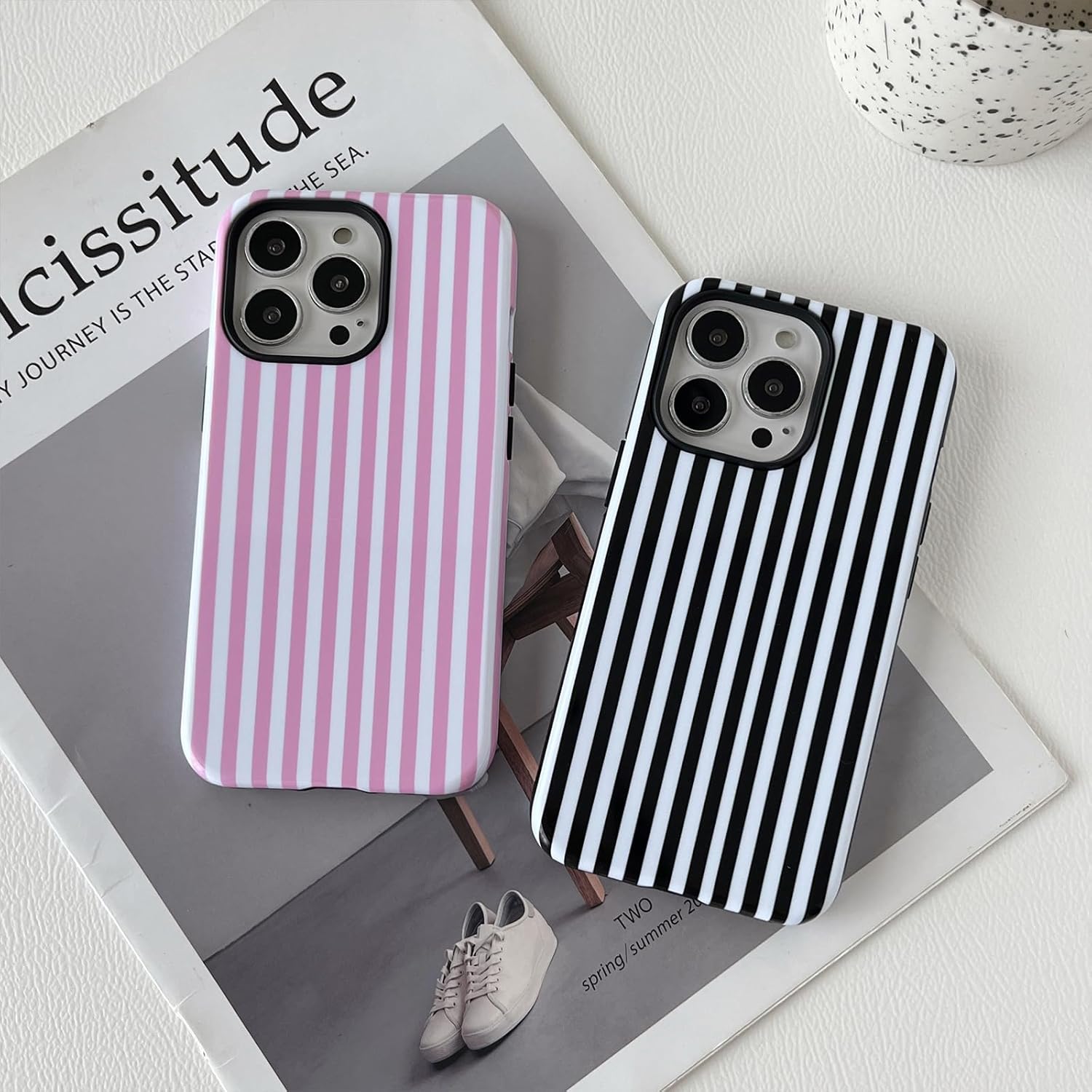Compatible with iPhone 13 Pro Max Case Cute Aesthetic Striped Phone Case for Women Girl Shockproof Slim TPU and Hard PC Protective Cover (Antique White) - Image 6