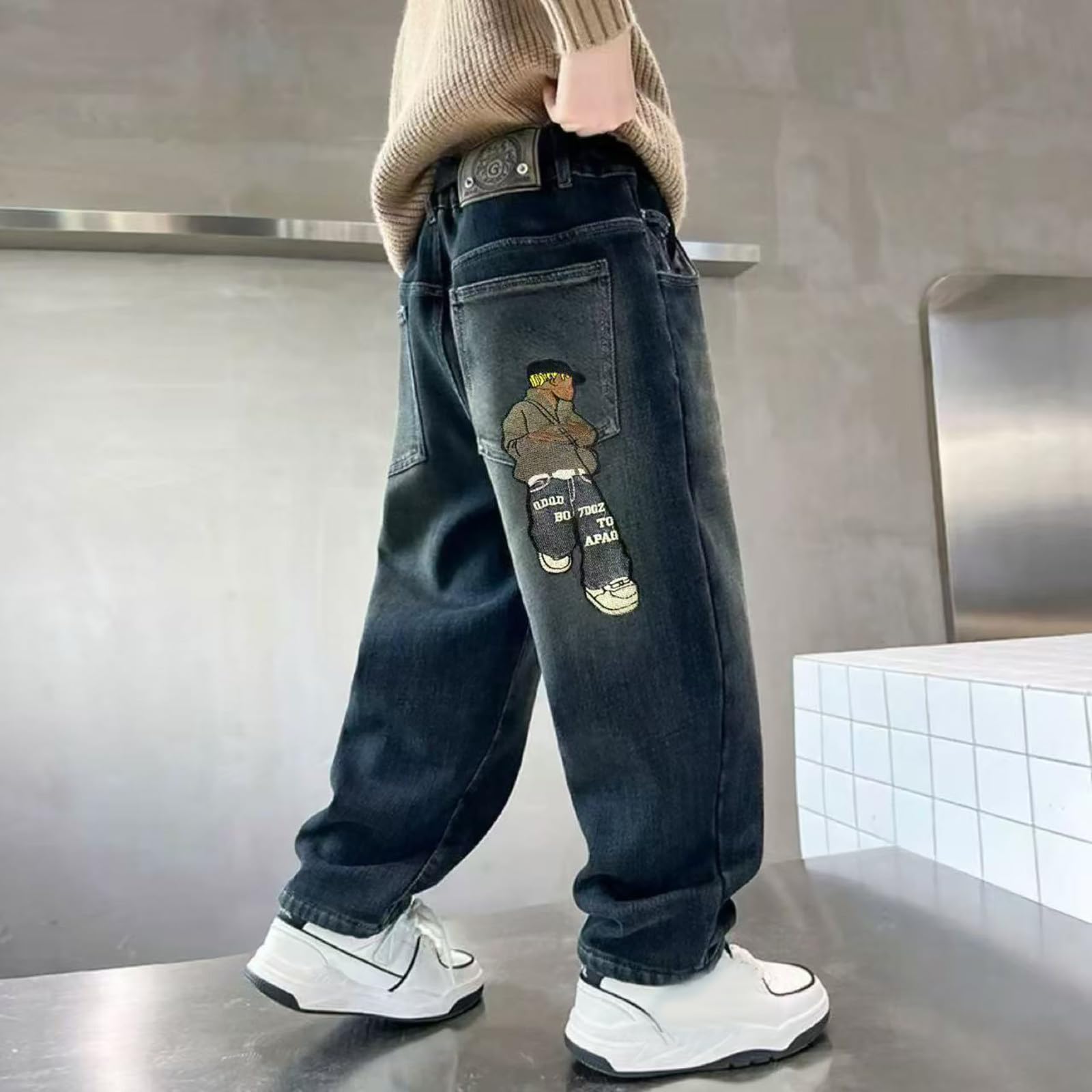 Generico Jeans Bambino 5-14 Anni Elasticizzati Larghi Pantaloni Jeans Denim Ragazzo con Elastico in Vita Gamba Dritta Morbidi Pantaloni Lavoro Cargo Loose Invernali Y2K Streetwear Tasche