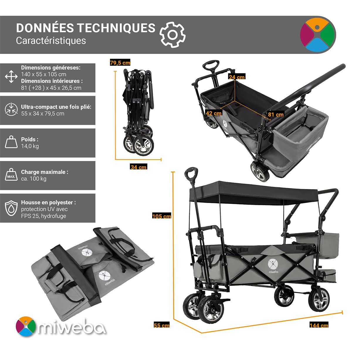 Miweba Chariot pour Enfants MB-20 - Chariot Pliable - Système de Harnais à 2X 3 Points - Frein de Stationnement - Roues en Caoutchouc Dur - Pare-Soleil avec Protection UV (LSF25)