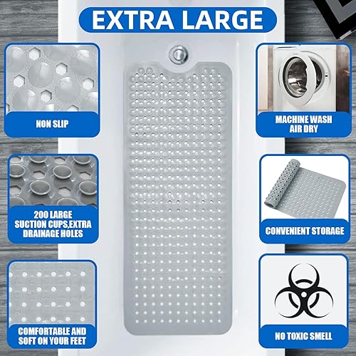 Miniatura 10 de MOONFLY Tapete para ducha y bañera, 40 x 16 pulgadas, extra largo, antideslizante, con ventosas y agujeros de drenaje, lavable a máquina y