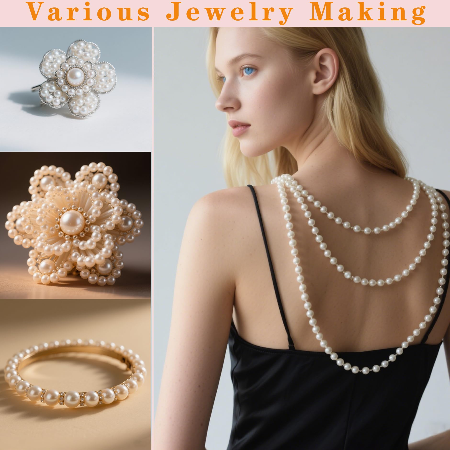 Laopottbeads 1225 Pcs Ivory White 5 Size Pearl Beads for Jewelry Making Round Pearl DIY Kit for Bracelets, Earrings, Necklaces & Anklets