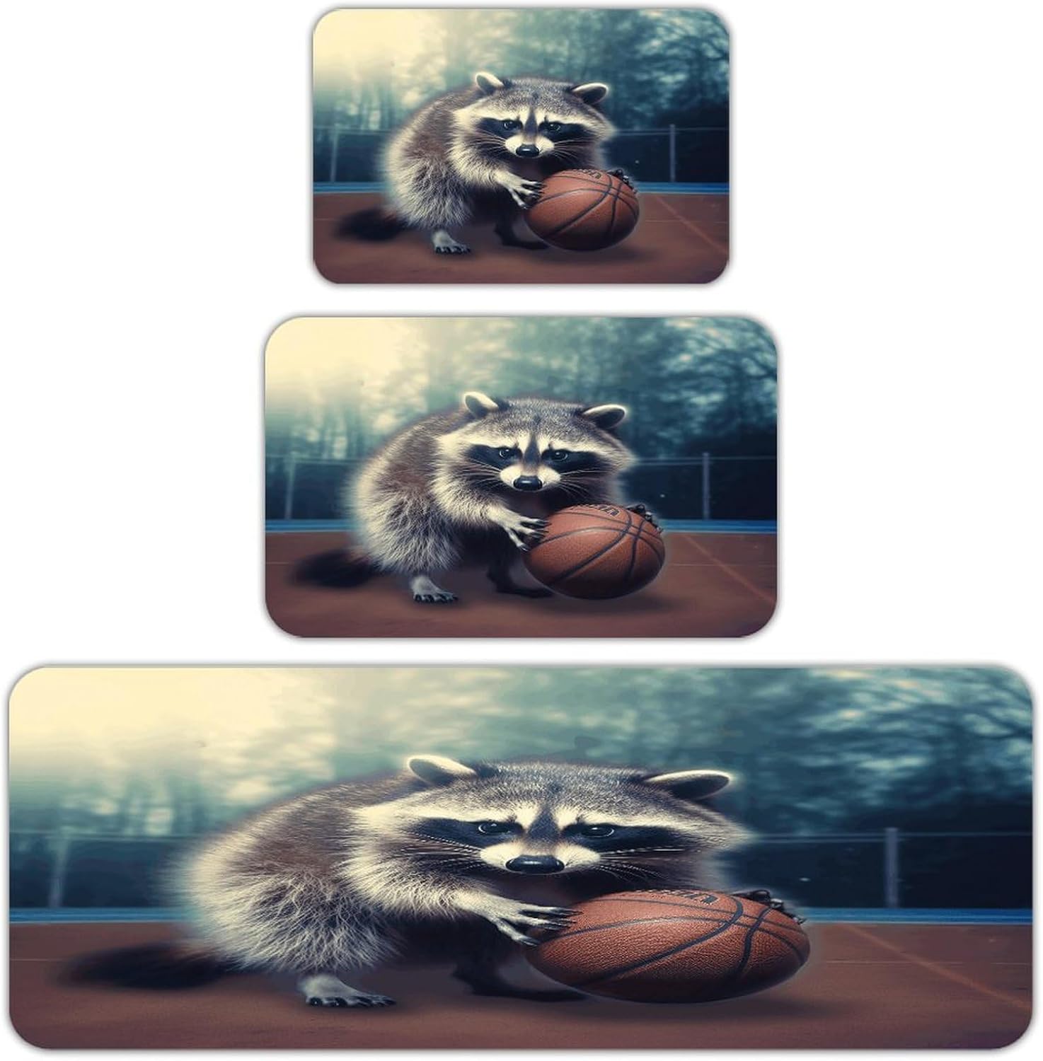 Funny Raccoon Basketball Kitchen Rugs Sets of 3 Non Slip Kitchen Mats for Floor Farmhouse Kitchen Sink Mat Thick Comfort Standing Mat for Laundry Room Hallway Bathroom
