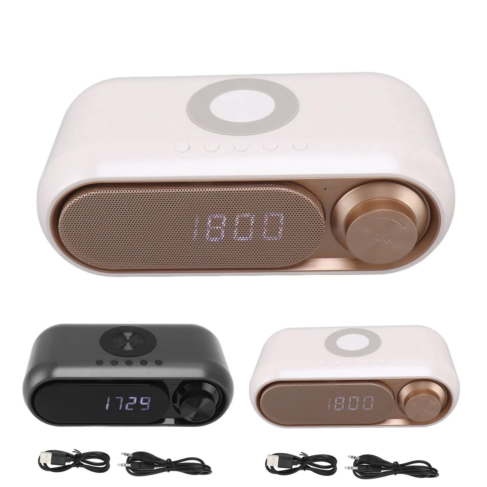 PerGar Sveglia Digitale, Radiosveglia con Caricabatterie Wireless, Elegante Sveglia Digitale a LED con Altoparlante Bluetooth, Altoparlante Bluetooth Radio FM con Caricabatterie(Spray Bianco Oro 10W)