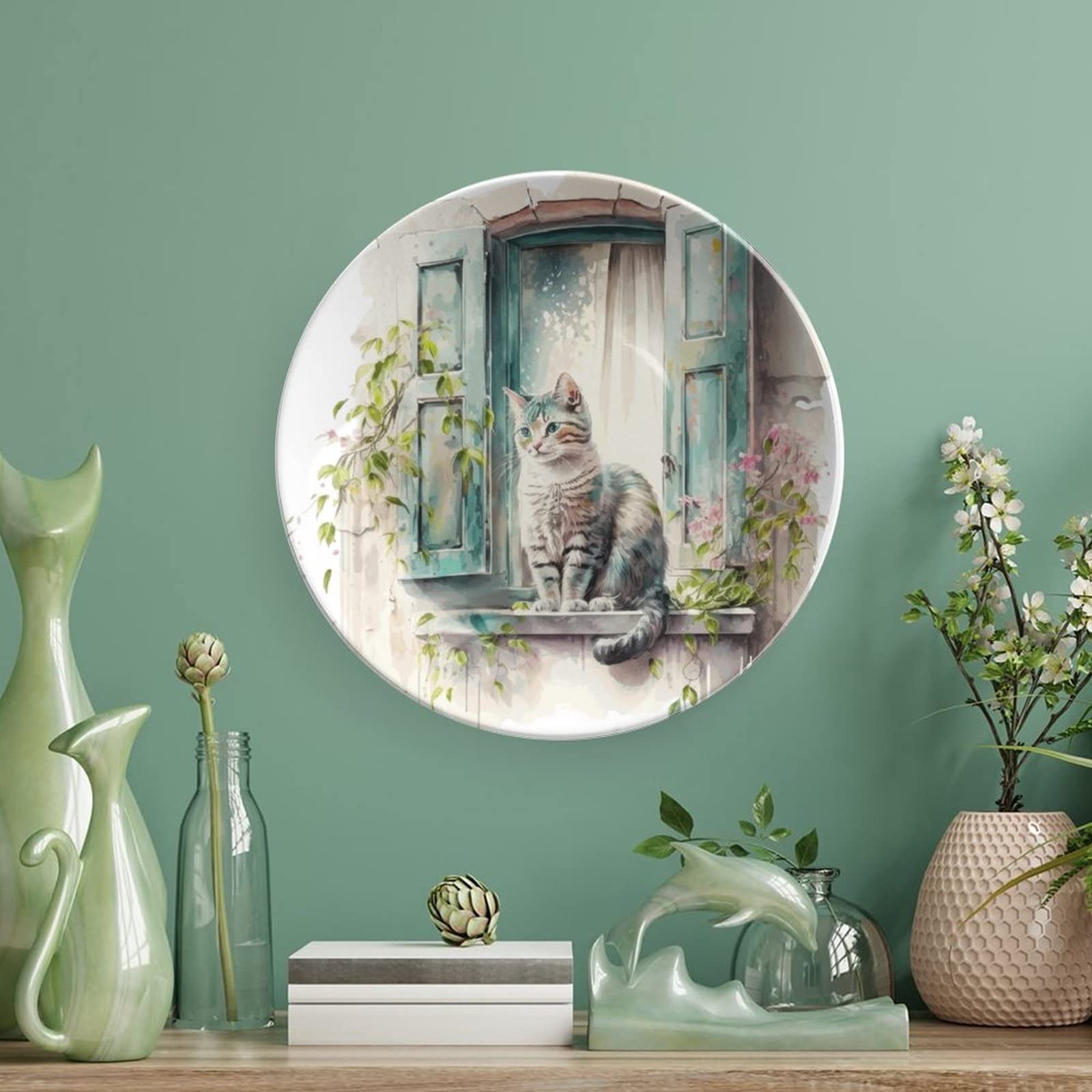 Ceramiczny płytek dekoracyjny z kotem na oknie 15 cm