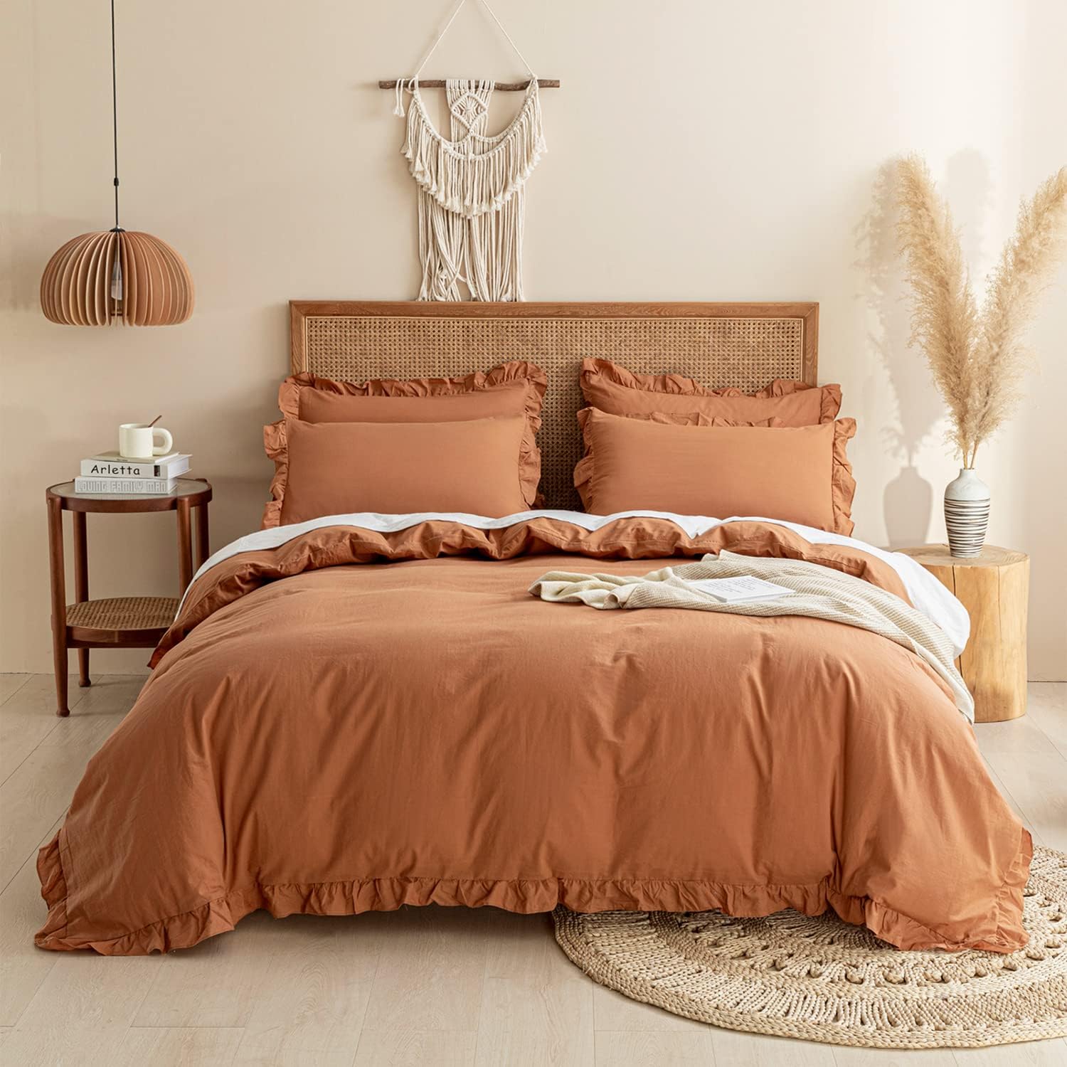 JELLYMONI Duvet Cover Queen Size 100 Washed Cotton Rustic Ruffle Rust Comforter Cover Set