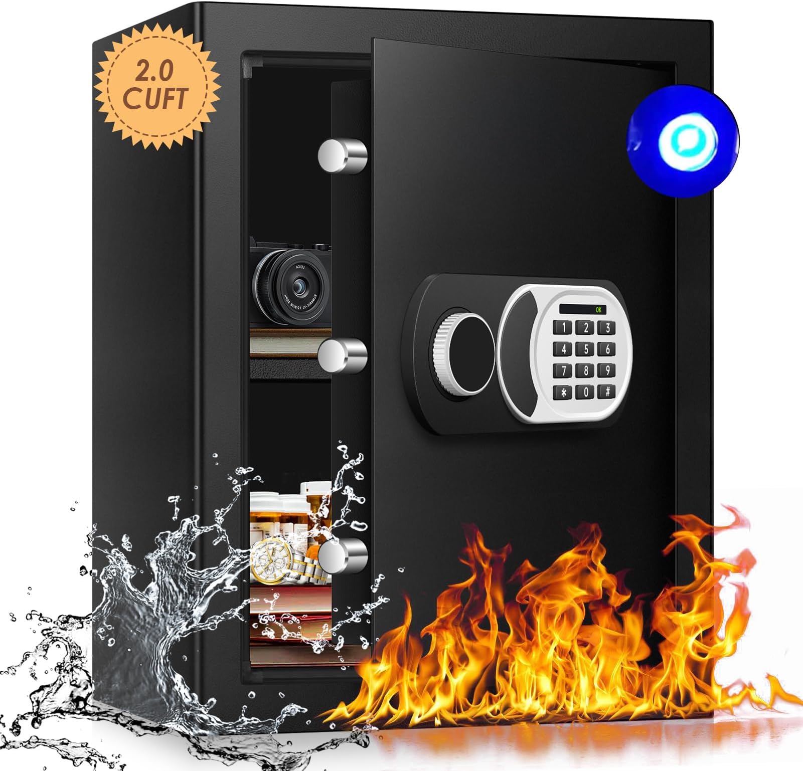 2.4 Cu Ft Home Safe Box Fireproof Waterproof Digital Security Box Steel Construction with Electronic Keypad, Removable Shelf, Hidden Key Lock, LED Light for Document Money Jewelry Valuables