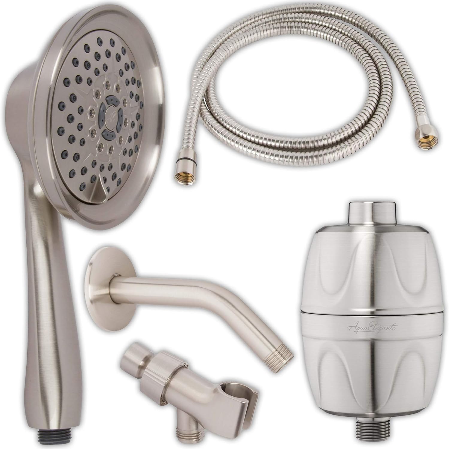 Handheld Massager Shower Head Kit + Filter + Arm - High Pressure Massage Spray In Hand Held Showerhead With Mount And Stainless Steel Hose + Filter To Remove Chlorine, 1.8 GPM - Brushed Nickel