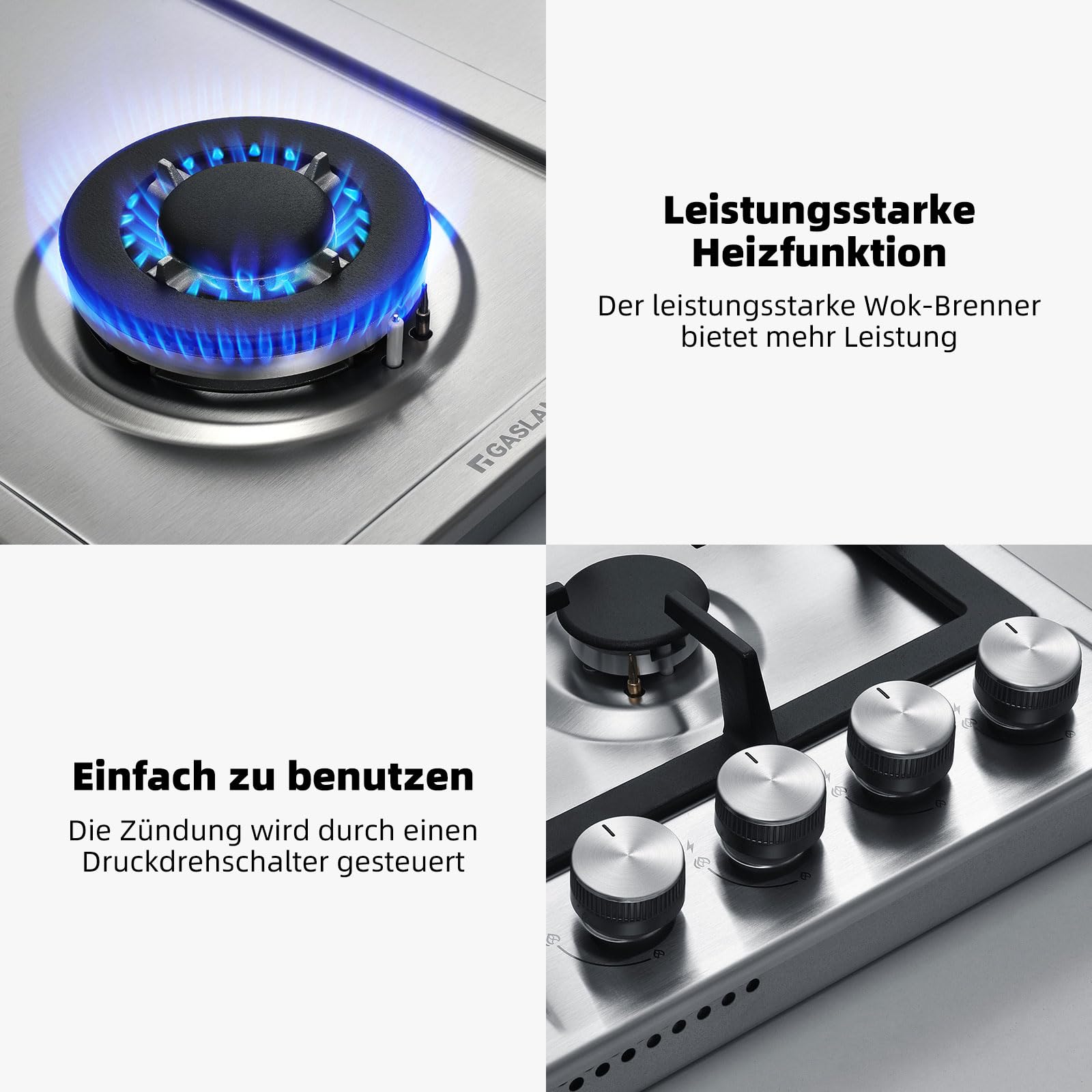 GASLAND GH60SF Plaque de cuisson à gaz encastrable en acier inoxydable, 4 feux, 60 cm cuisinière à gaz butane avec brûleur Wok, puissance 8000W, compatible LPG/Gaz naturel