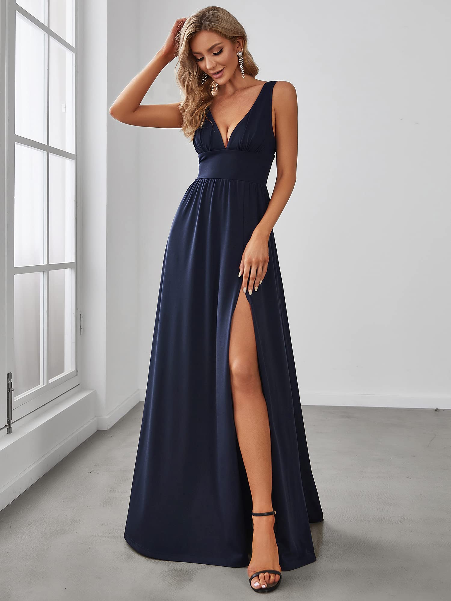 Ever-Pretty Abito da sera da donna, elasticizzato, con scollo a V, senza maniche, lungo fino al pavimento, EE0168B