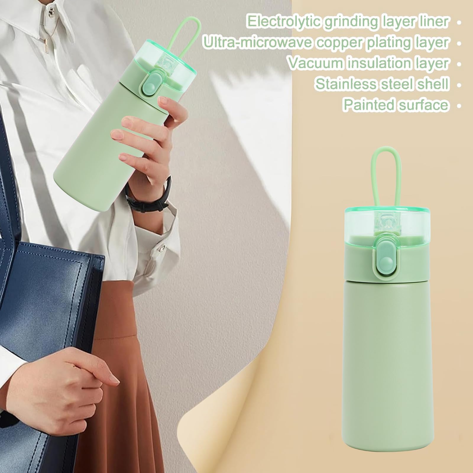 Risipu Small Water Bottle 150ml with Straw Mini Thermos Flask for Hot and Cold Drinks, One-Hand Open, Leak-Proof Lid, Stainless Steel, Portable for Coffee, Milk, Juice (Green) - Image 4