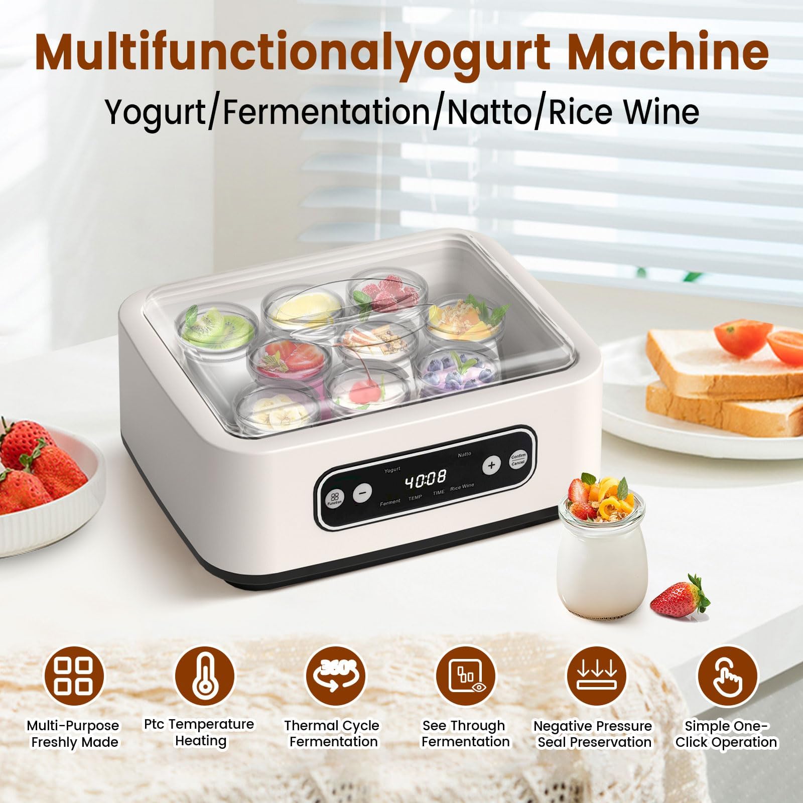 Yaourtière avec Cuve Intérieure en Acier Inoxydable 304 et 9 Pots Portables