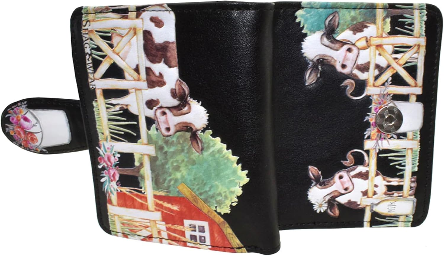 Shag Wear Barnyard Cows Small Wallet for Women –Vegan Faux Leather Compact Purse with Cow Design, Farm Animal Theme, Magnetic Snap Closure, Card and Coin Organizer Black 4.5"