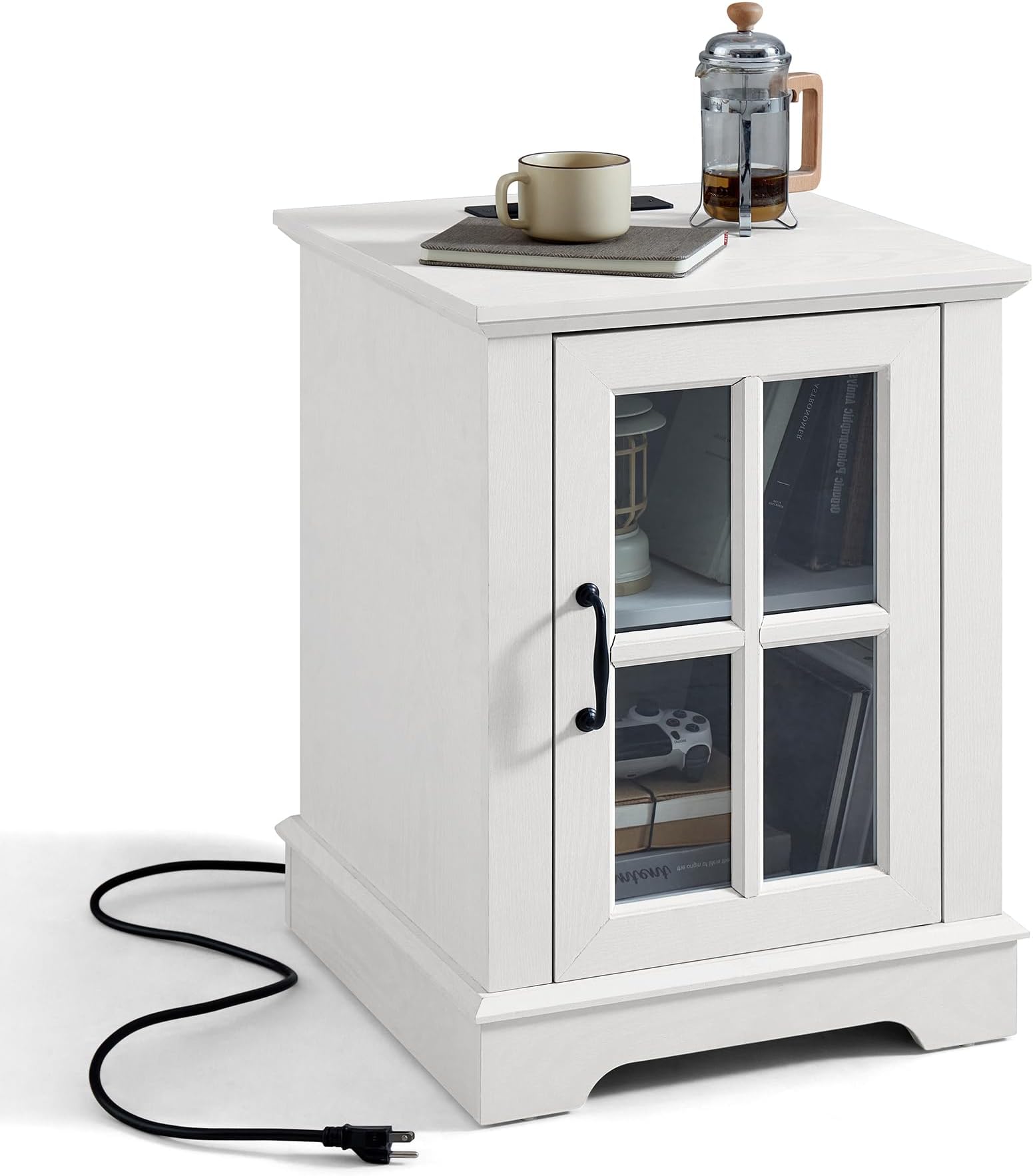 LINSY HOME End Table with Charging Station, Modern Side Table with Storage Cabinet and Adjustable Shelf, Small Sofa Table for Living Room, White