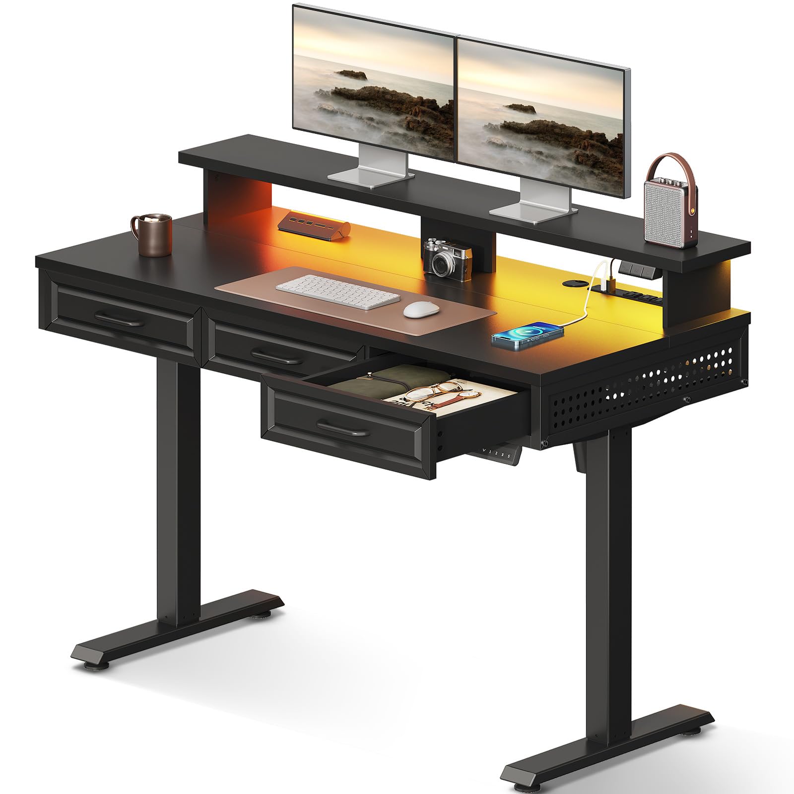 OffiGo Electric Standing Desk with 3 Wooden Drawers 48 Inch Height Adjustable Desk with Power Outlets LED Lights