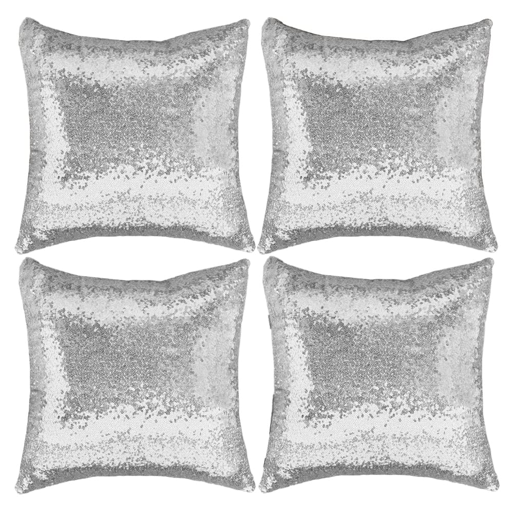 AremetopPack of 4 Silver Sequin Pillow Covers 18x18 Inch Shiny Sparkling Home Decorative Glitter Solid Throw Pillow Cushion Case Square Accent Pillowcases for Couch Bed Living Room Party Wedding