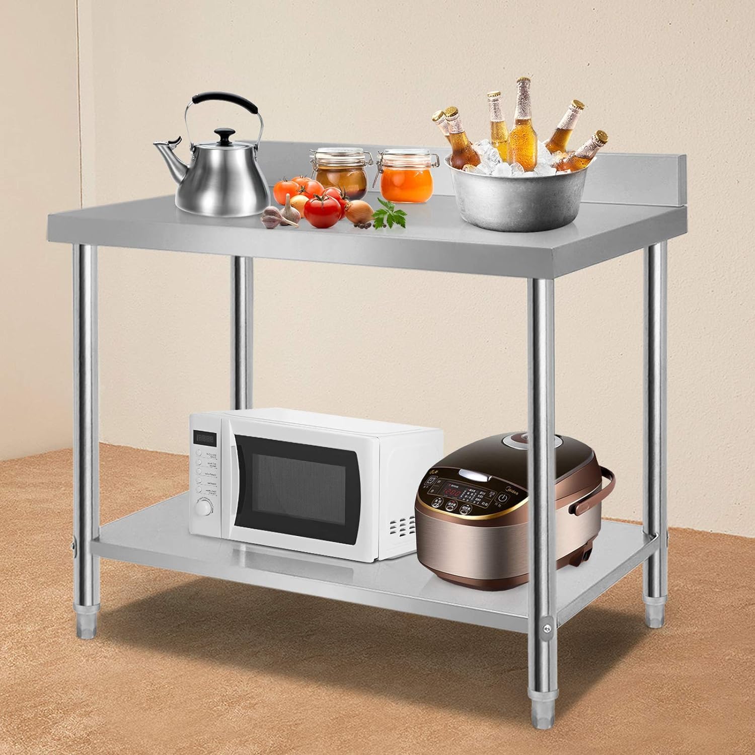 ACXIN Tavolo da lavoro in acciaio inox con piedini regolabili in altezza e grande ripiano inferiore da cucina, tavolo da lavoro per la preparazione degli alimenti, 100 x 60 x 85 cm, argento (con