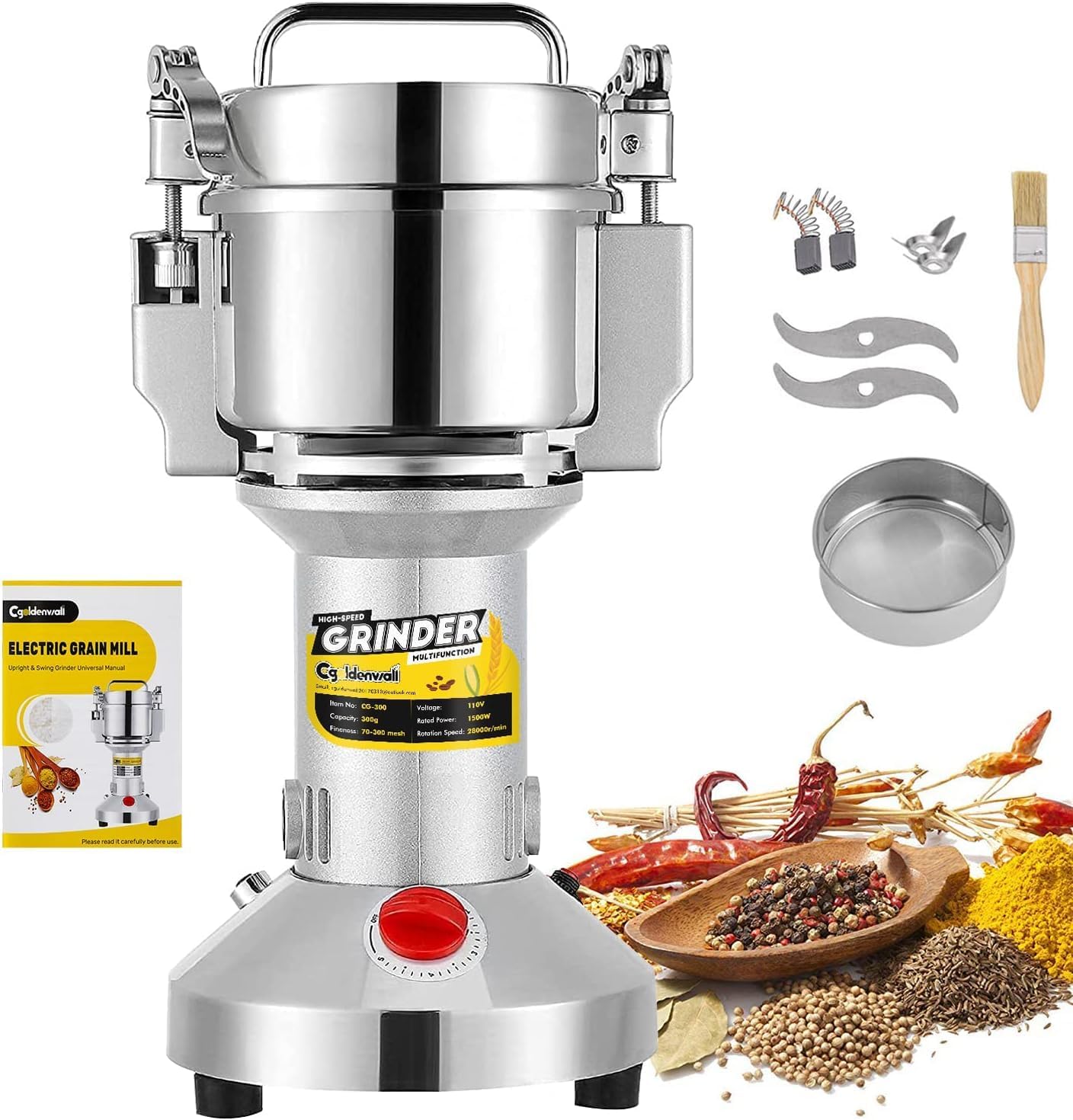 Electric Grain Mill 30-300 Mesh Superfine Grinding for Herbs/Grains/Spices/Seeds High Speed Stainless Steel (400g Swing) (300g Vertical)