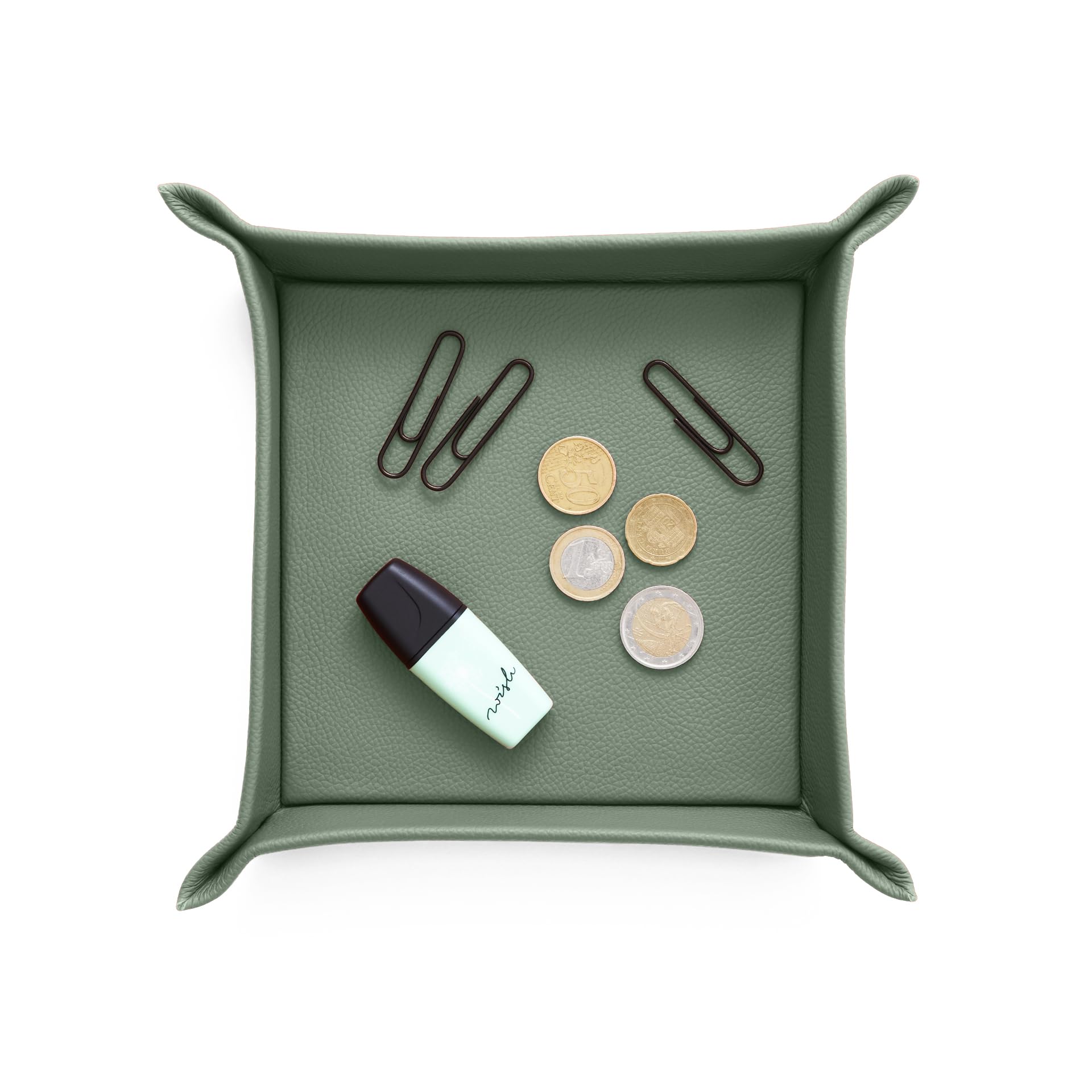 Eglooh - Iris - Svuotatasche Design Moderno in Vera Pelle Verde Salvia - Organizer da Scrivania, Vassoio Portaoggetti per Chiavi, Monete, Gioielli - cm 18 x 18 - Made in Italy
