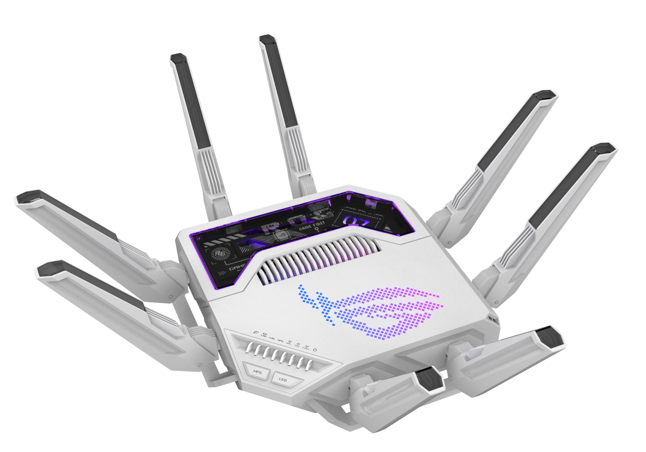 ASUS GT-BE19000AI Router de Juego AI Tri-Band WiFi 7 (802.11be), Ancho de Banda de 320 MHz y 4096-QAM, MLO, Dos Puertos 10G, AI Game Boost, Red de Juegos, Aura RGB, Soporte AiMesh, Guest Network