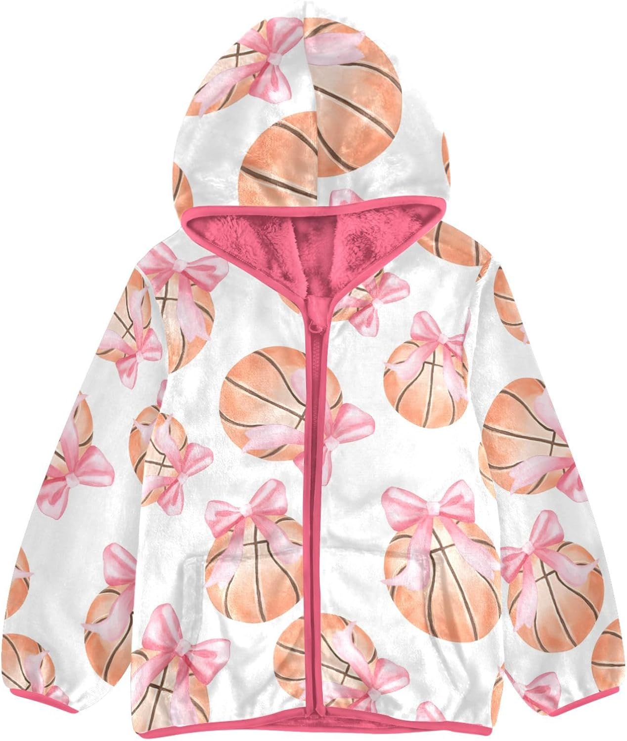 Girls Hoodie Outfit Watercolor Basketball with Pink Bow Pattern Zipper Sweatshirt Coat Fleece Jacket for Kids 3-10T