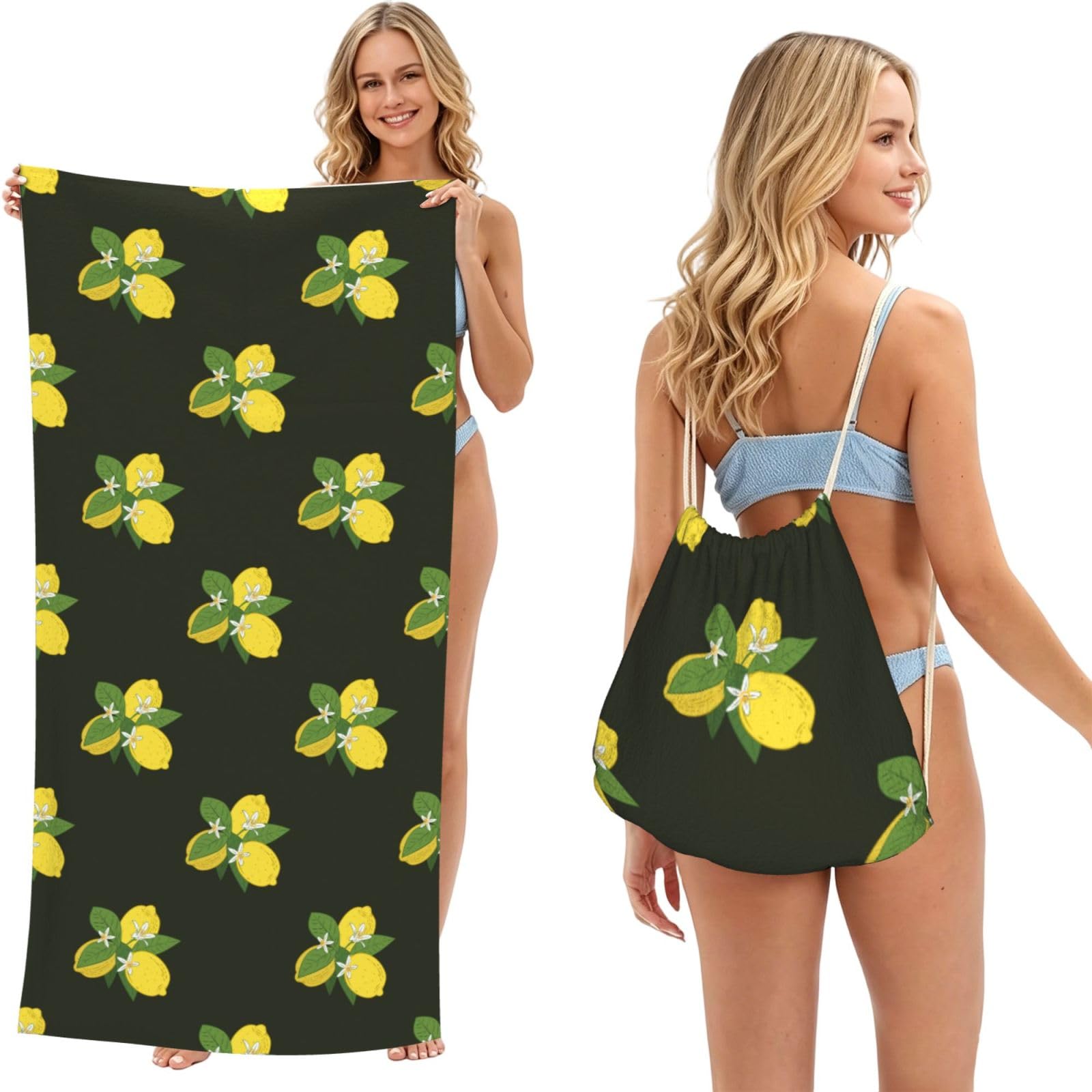 Poadnly As Picture Lemon With Branch And Lilies Bouquet Black, 2 In 1 Packable Towel Bag, Beach Towels With Drawstring Backpack For Travel Holiday Camping