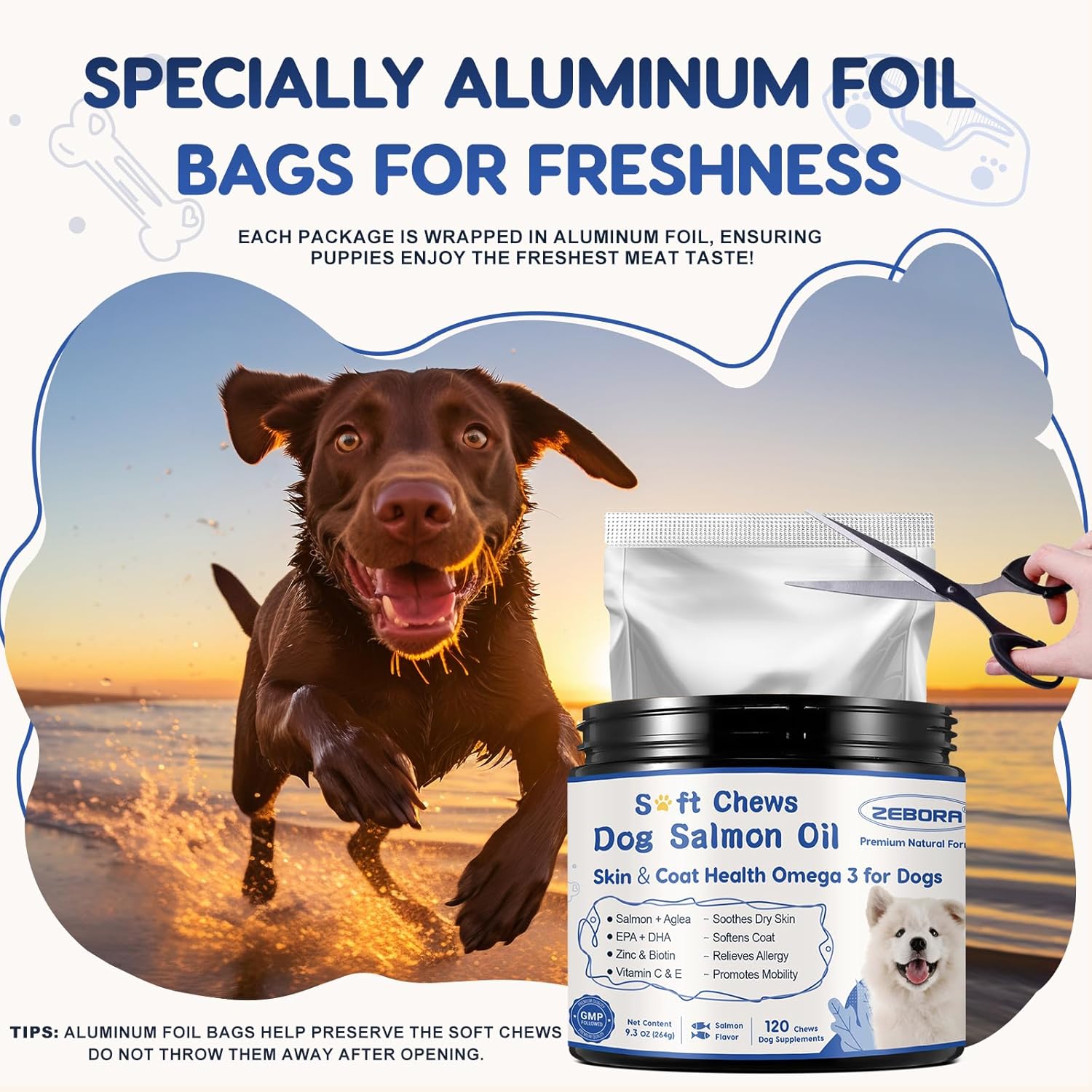 ZEBORA Salmon Oil for Dogs Skin and Coat - Omega 3 6 9 Fish Oil Soft Chews for Dogs Itchy Skin Relief - Dog Fish Oil Supplements EPA DHA Rich with Vitamins C & E - Allergy Relief & Shedding, 120 Ct - Image 8