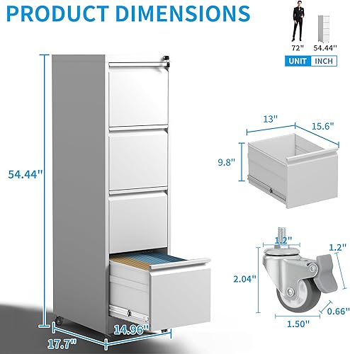 Miniatura 3 de EKJ Archivador móvil de 3 cajones, archivadores de metal blanco para debajo del escritorio con ruedas, archivador vertical delgado para oficina en