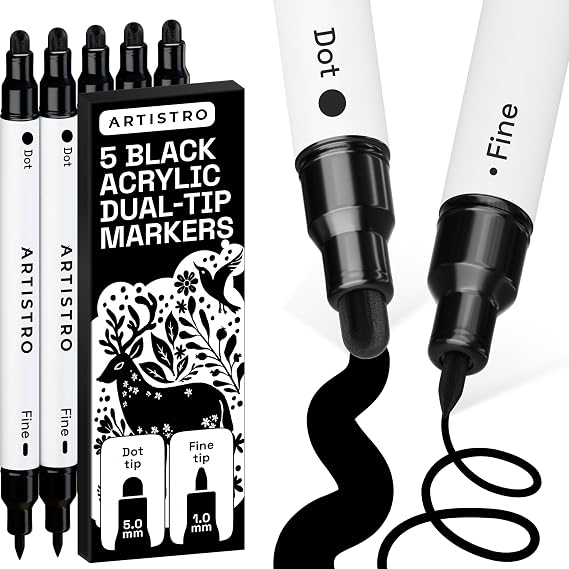 ARTISTRO 5 Precision Dual-Tip Acrylic Paint Markers Paint Pens Set with Dot & Fine Tips for Fabric, Rock, Glass, Wood, Coloring Books Classroom & Art Supplies Gift Teacher Appreciation Gift
