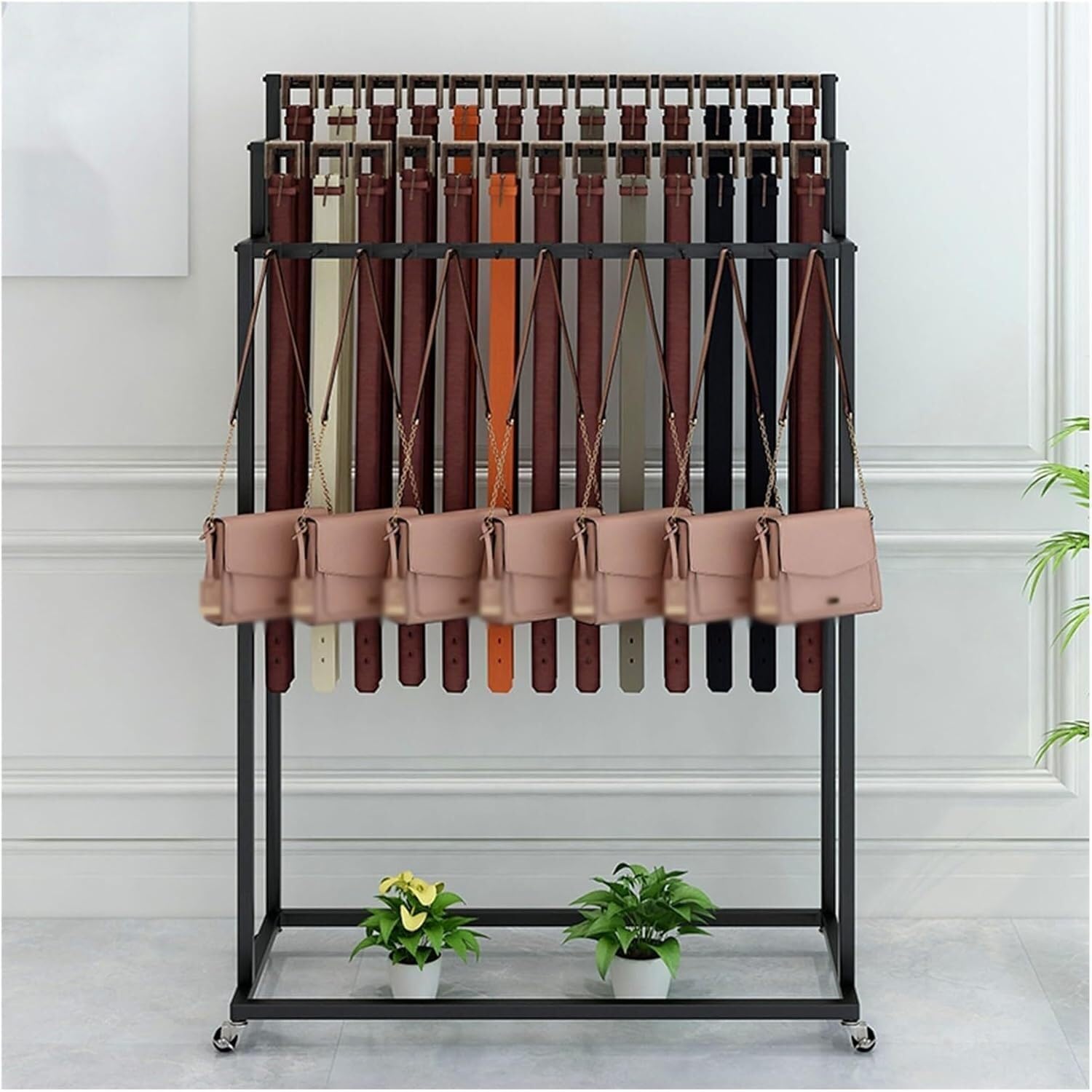 Bodenstehender mobiler Gürtelständer mit Rollen, Herrengarderobe Krawattenorganisator mit abnehmbaren Haken für Geschenkgeschäfte(Schwarz,100X40X150CM)