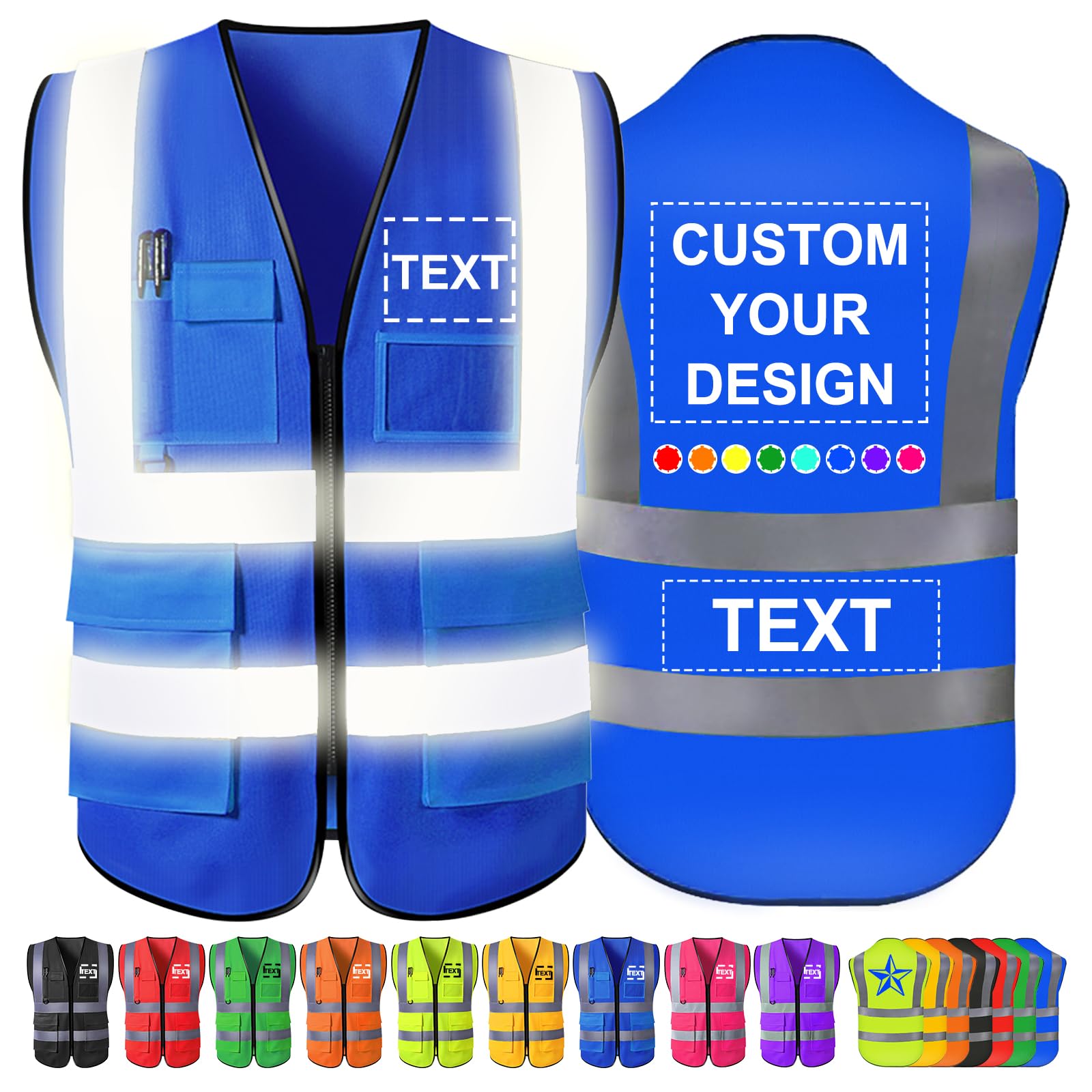 Custom Safety Vest Men Women High Visibility Reflective Personalised Logo Hi Vis Vests Pockets Zipper Construction Work,S-5XL