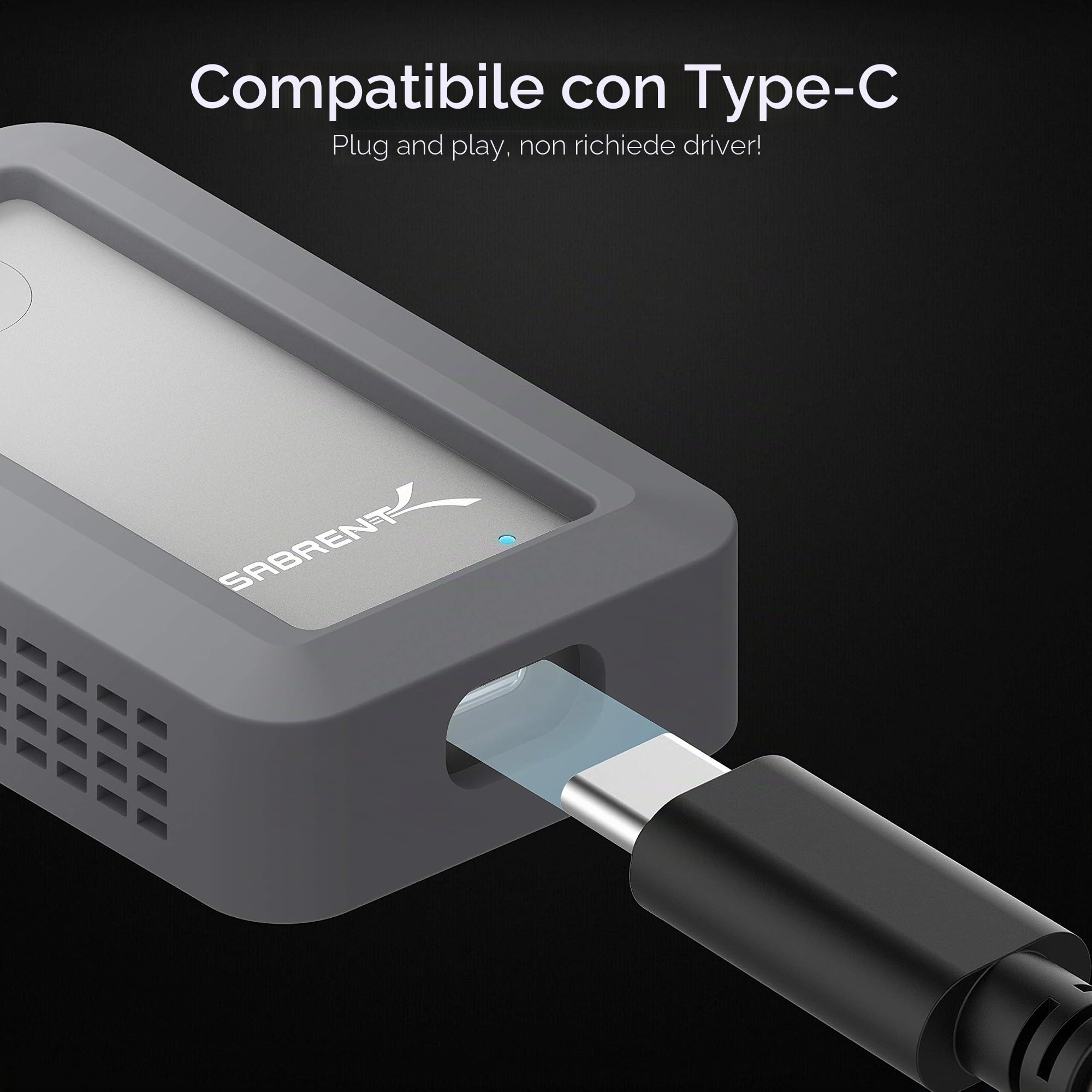 SABRENT SSD, 1TB SSD Esterno Portatile NVMe USB, Lettura fino a 1000 MB/s, Cavo USB Type-C-A Incluso, Impermeabile IP67 e Protezione Paraurti [Argento] (SB-1TB-NAWP)