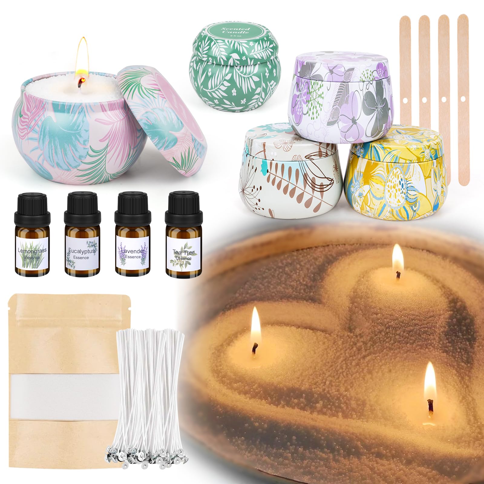 LDUMODUW Juego para hacer velas DIY para adultos y niños, arena para velas con aroma y mecha,480 g de arena para velas, 4 aceites aromáticos, 5 latas para velas, 50 mechas, 4 soportes para mechas