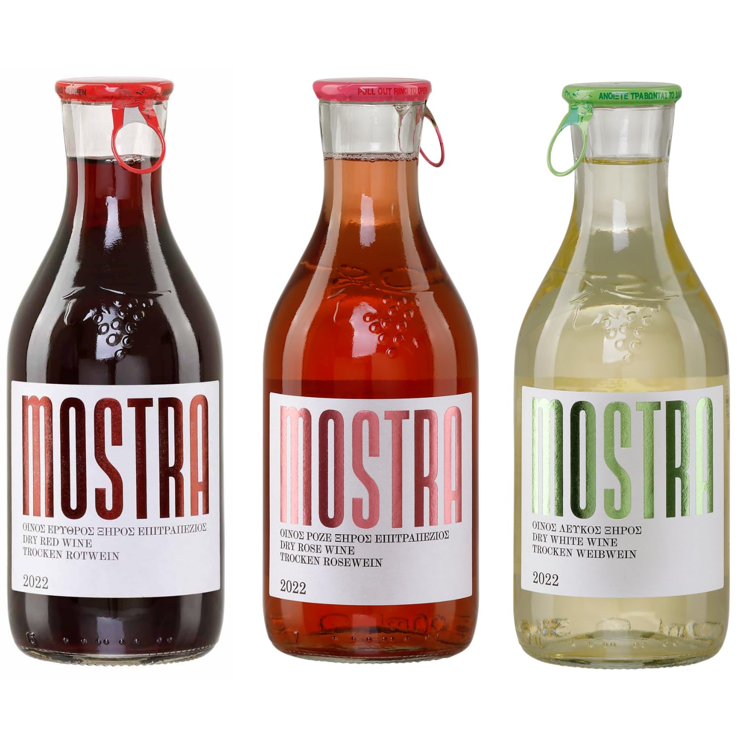 Wein Probierpaket trocken 3x 0,5l von Tsililis | Mostra Rot, Rosé & Weiß | Griechische Qualitätsweine |Trocken & fruchtbetont | Probierset mit Rotwein, Roséwein & Weißwein | + 20ml Jassas Olivenöl