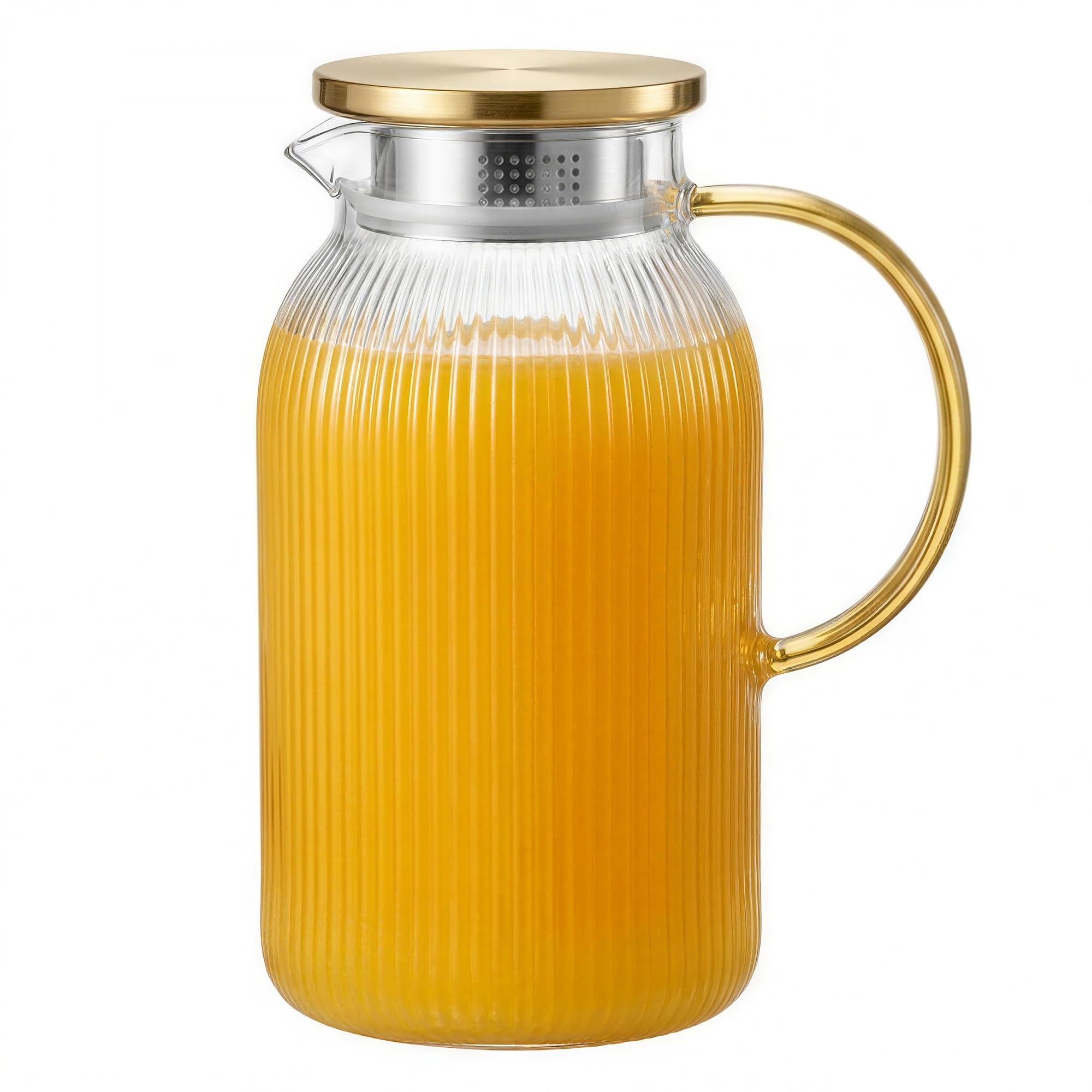 Glass Water Jug with Stainless Steel Lid, 1.6 Litre Borosilicate Glass Pitcher for Fridge Door, Hot & Cold Beverage Carafe with Handle, Clear Transparent Juice Dispenser, Microwave & Freezer Safe