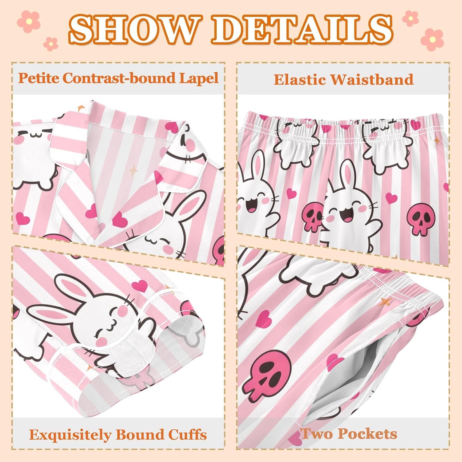 Kids Casual Satin Wear Set Little Rabbit Skull Pink and White Stripe Unisex Relaxed Fit Clothing