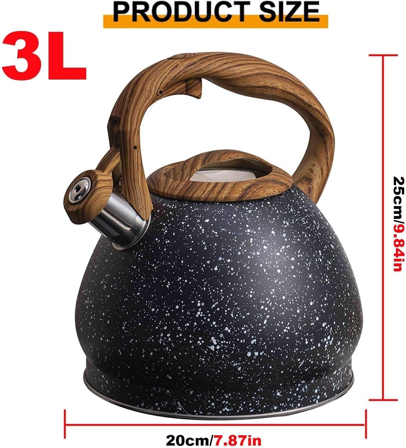 Black Tea Kettle Stovetop, 3.2 Qt Whistling Tea Pot 304 Stainless Steel, Wood Grain Handle Teapot, Food Grade Heat Resistant Whistle Tea Kettle